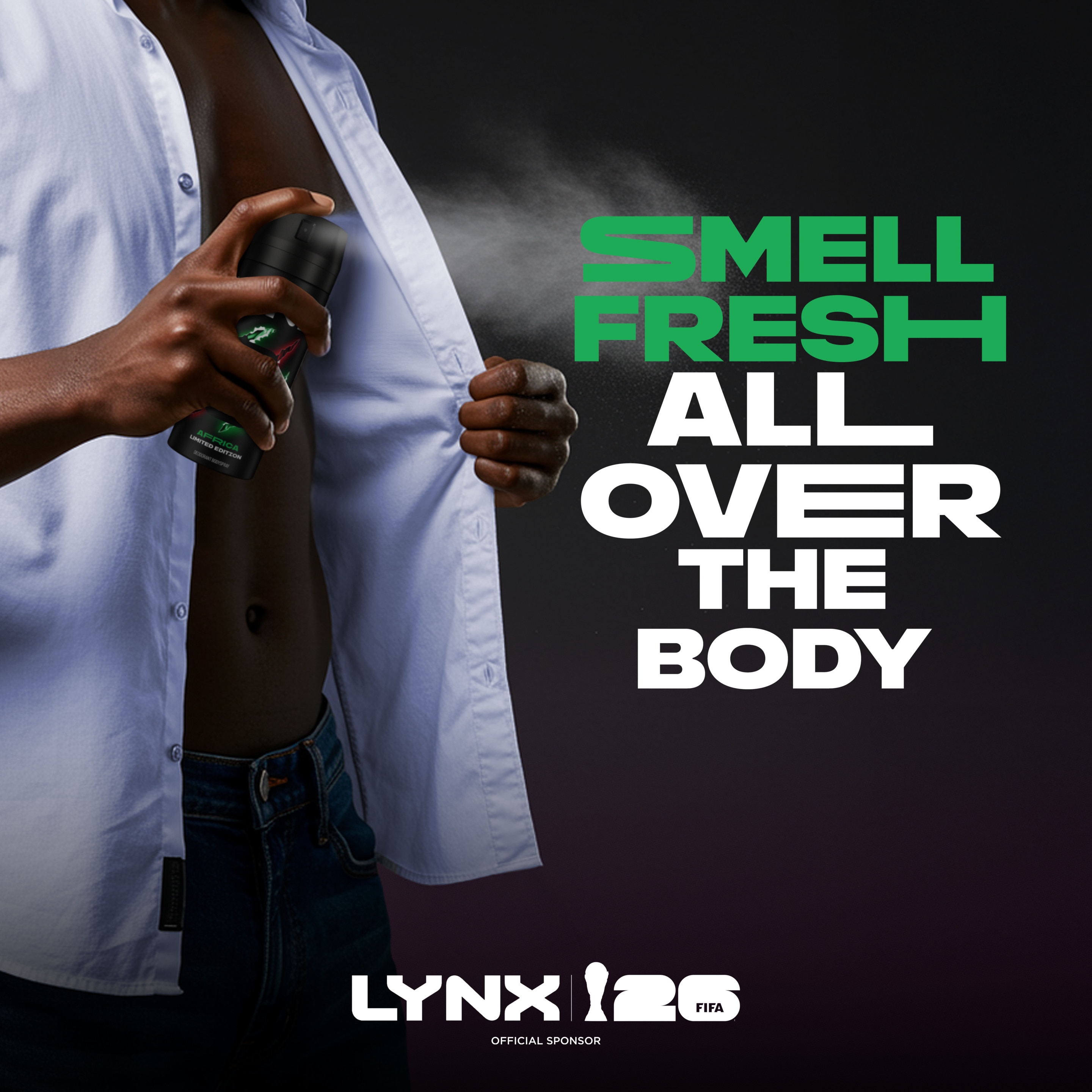 Lynx Africa Deo being sprayed onto a man body. 