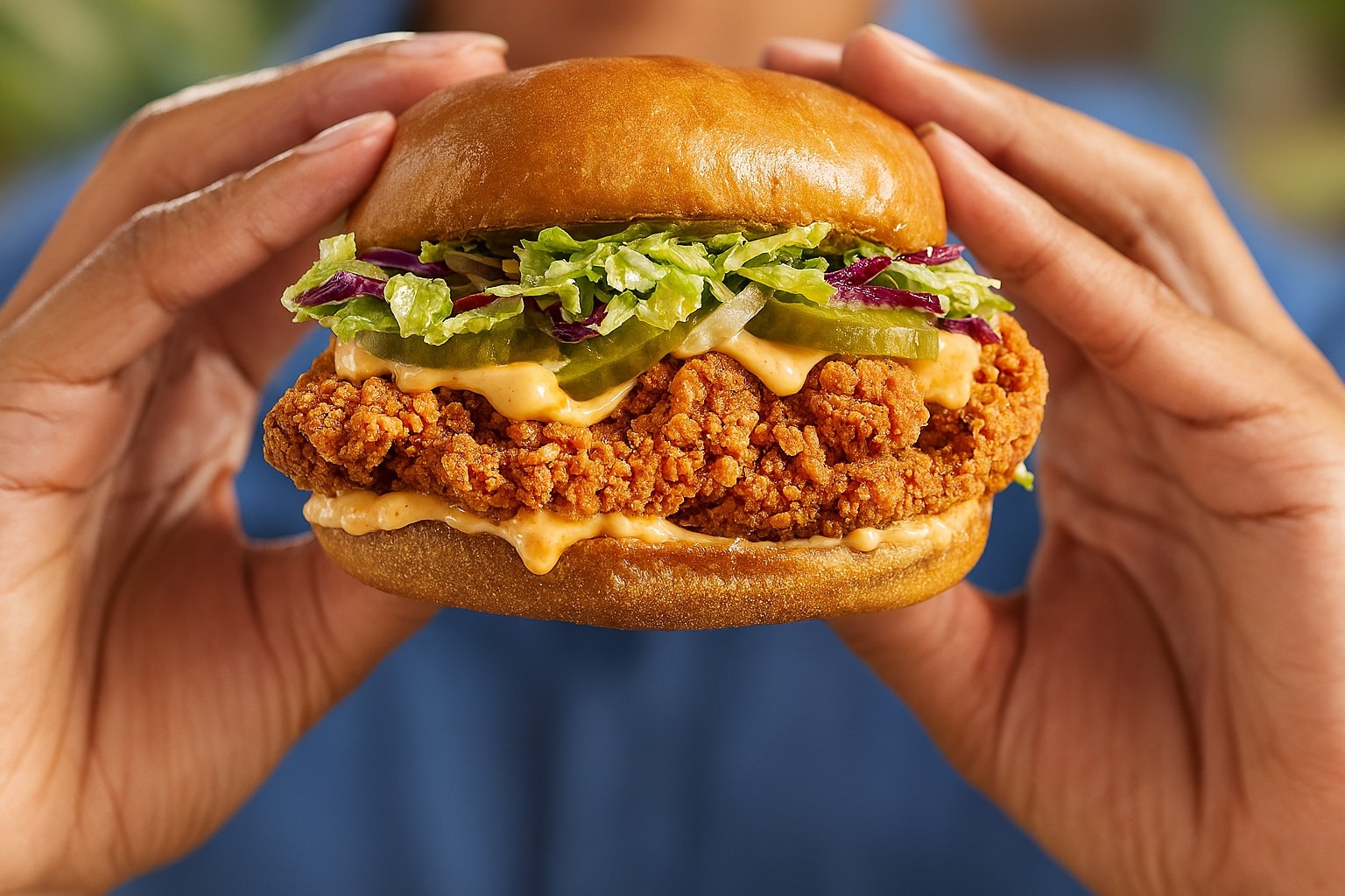 Spicy chicken sandwich held by two hands