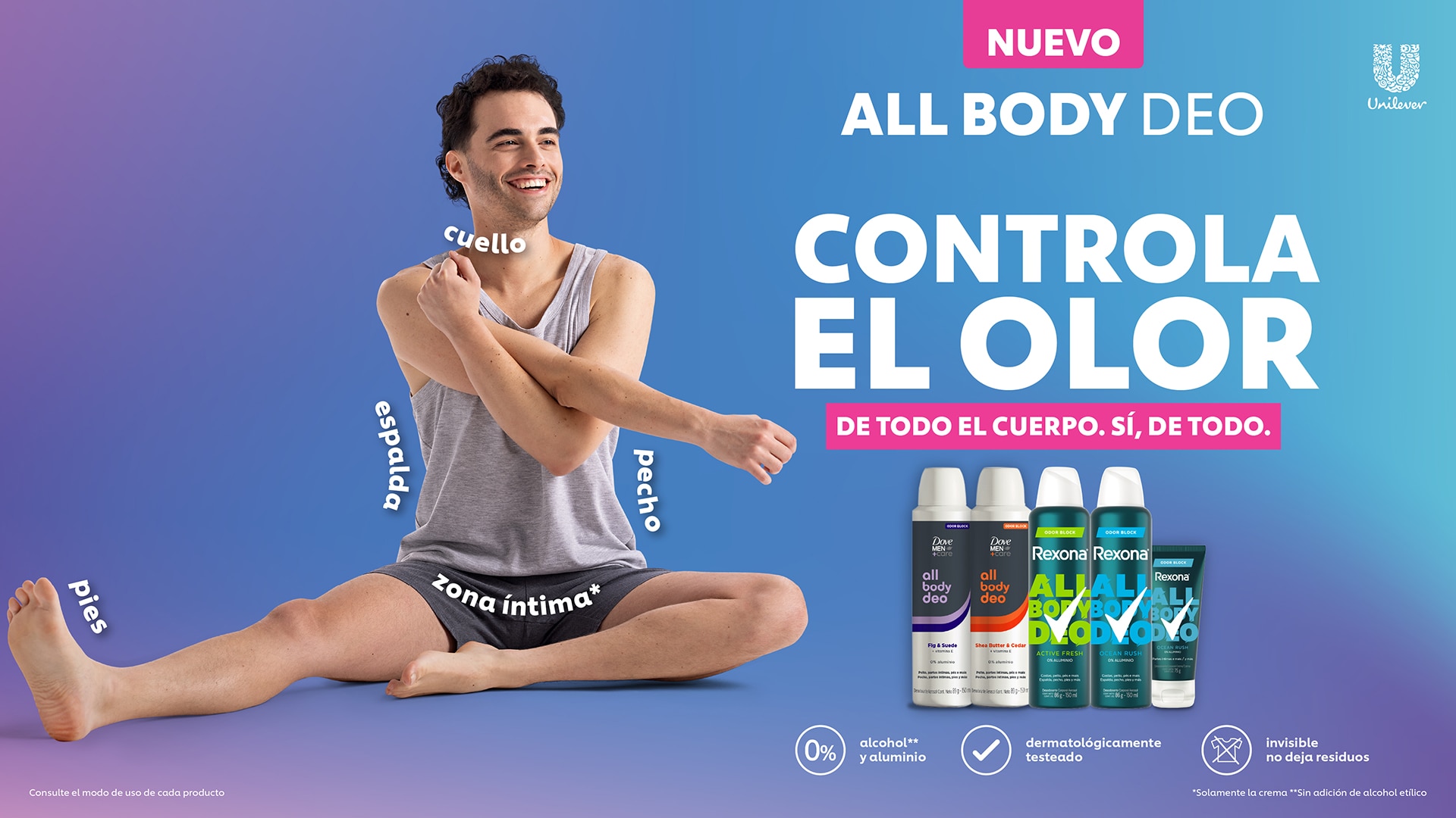 All body Deo controla el olor de todo tu cuerpo. Sin residuos, sin irritación. Utilizalo en todo el cuerpo. Cuidarte es más fácil de lo que parece. Probá el nuevo Dove Men+Care.