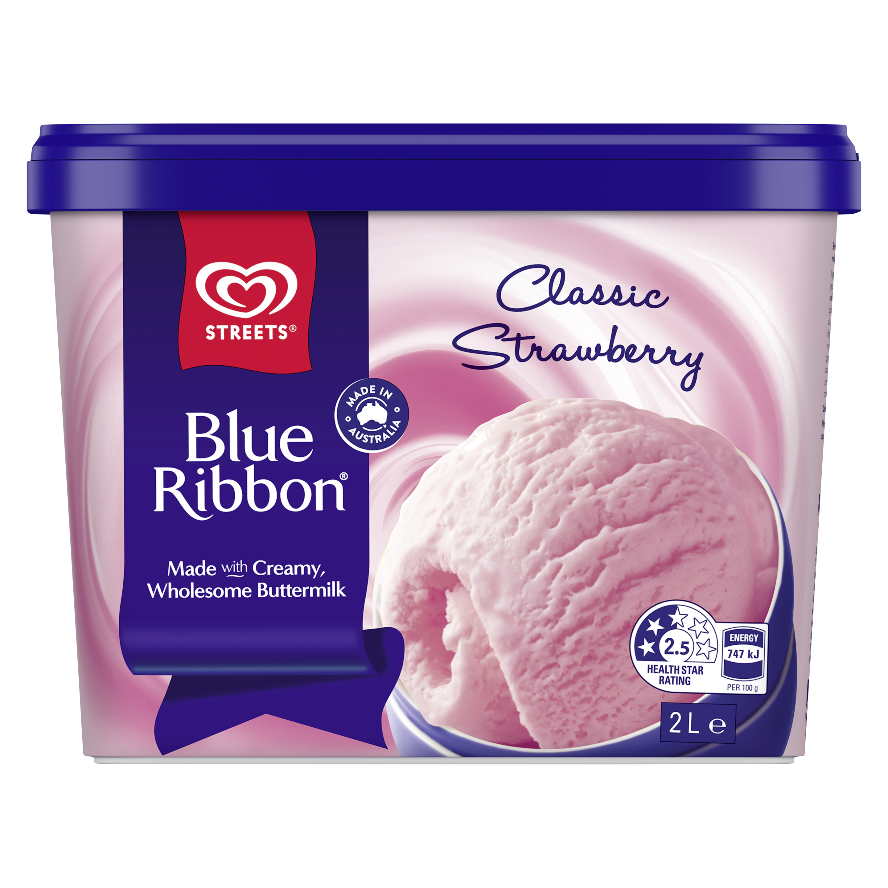 Blue Ribbon ice cream tub with the word 'strawberry' above a pink ice cream scoop. packshot