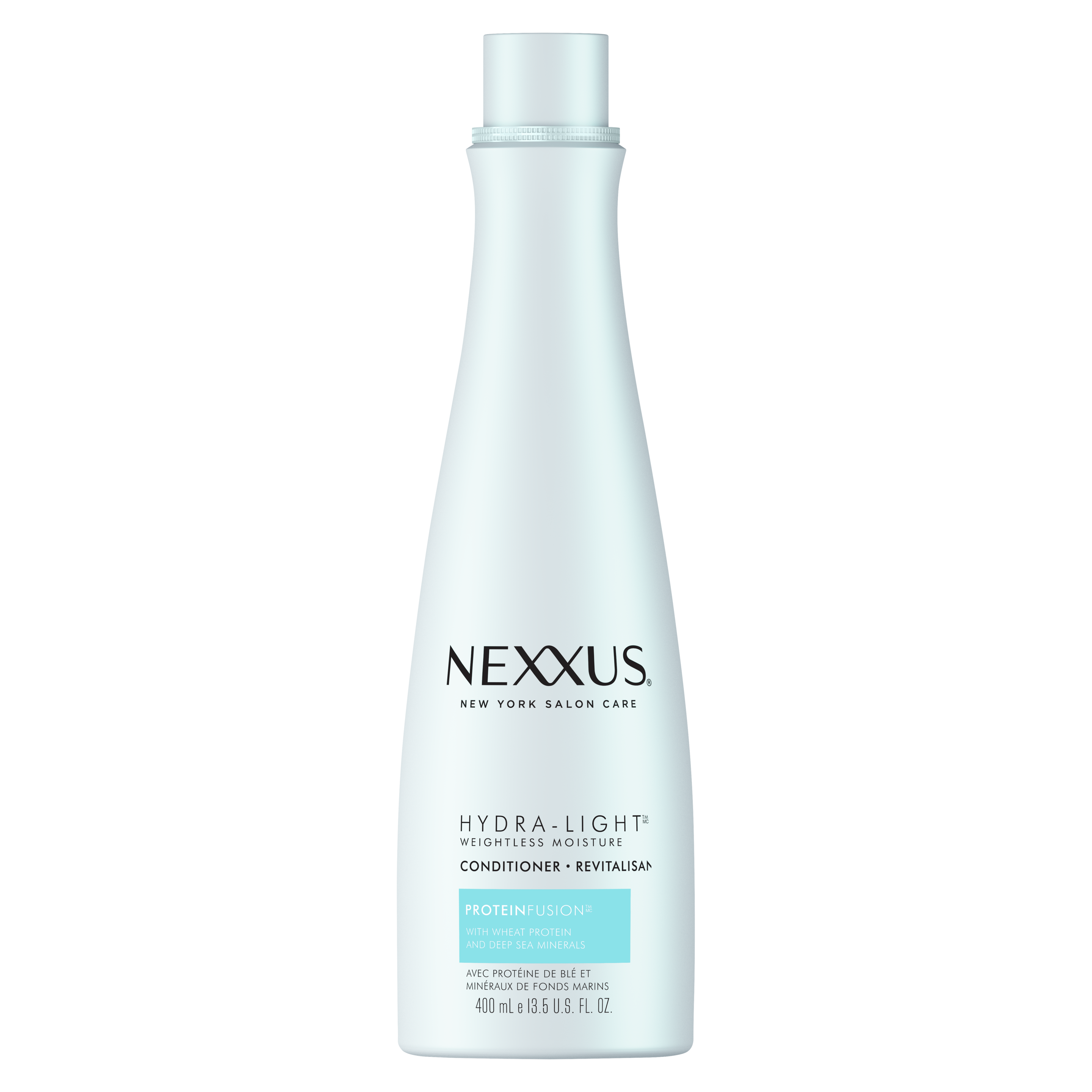 Face de l'emballage du revitalisant hydratant Hydra-Light pour cheveux gras de Nexxus 400 ml