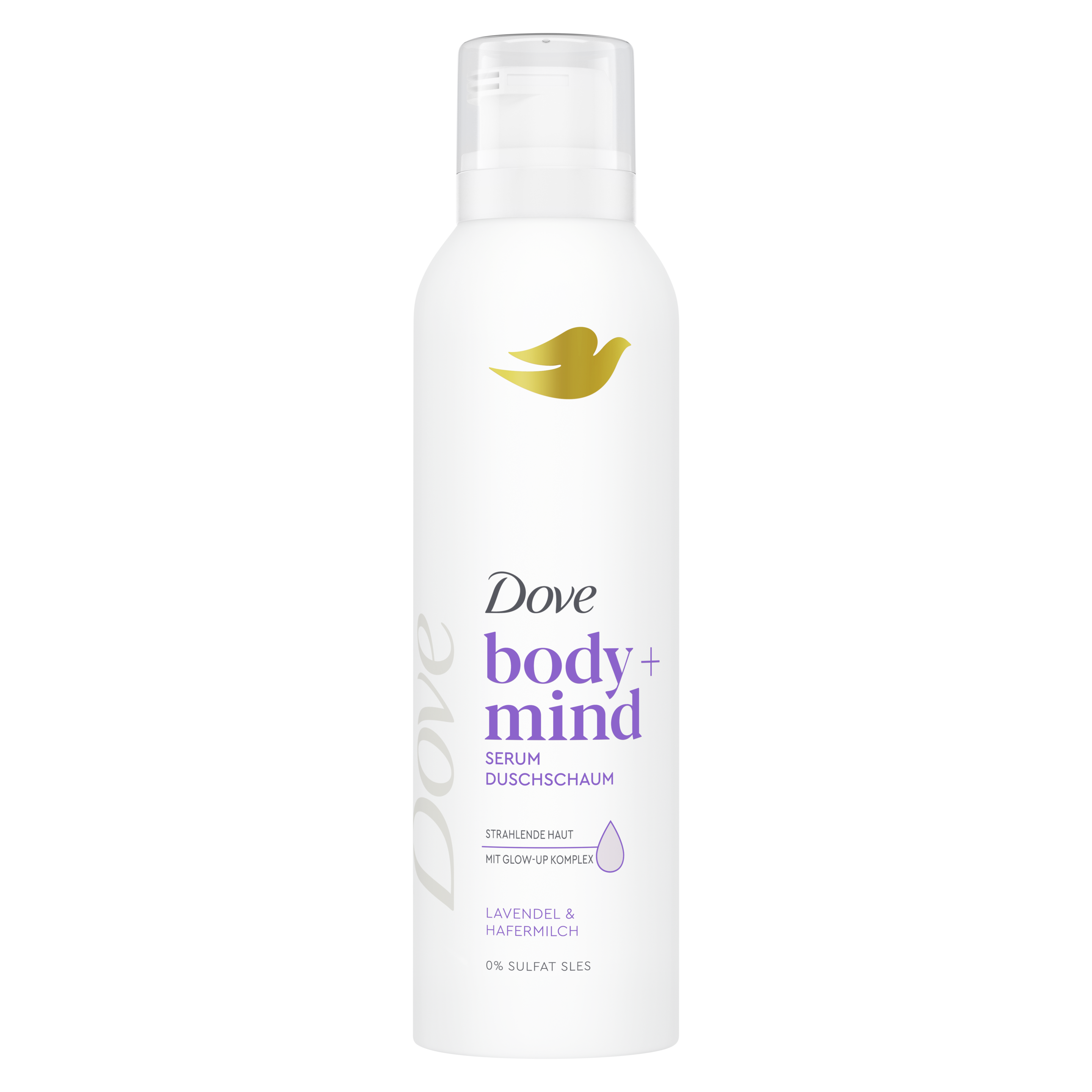 Dove body + mind Serum Duschschaum Lavendel & Hafermilch 200 ml in einem weißen Design packshot