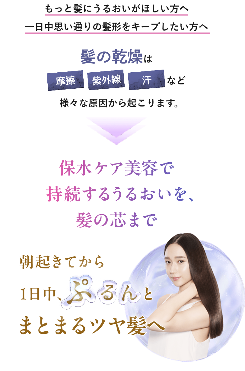 もっと髪にうるおいがほしい方へ、一日中思い通りの髪形をキープしたい方へ、髪の乾燥は摩擦・紫外線・汗など様々な原因から起こります。