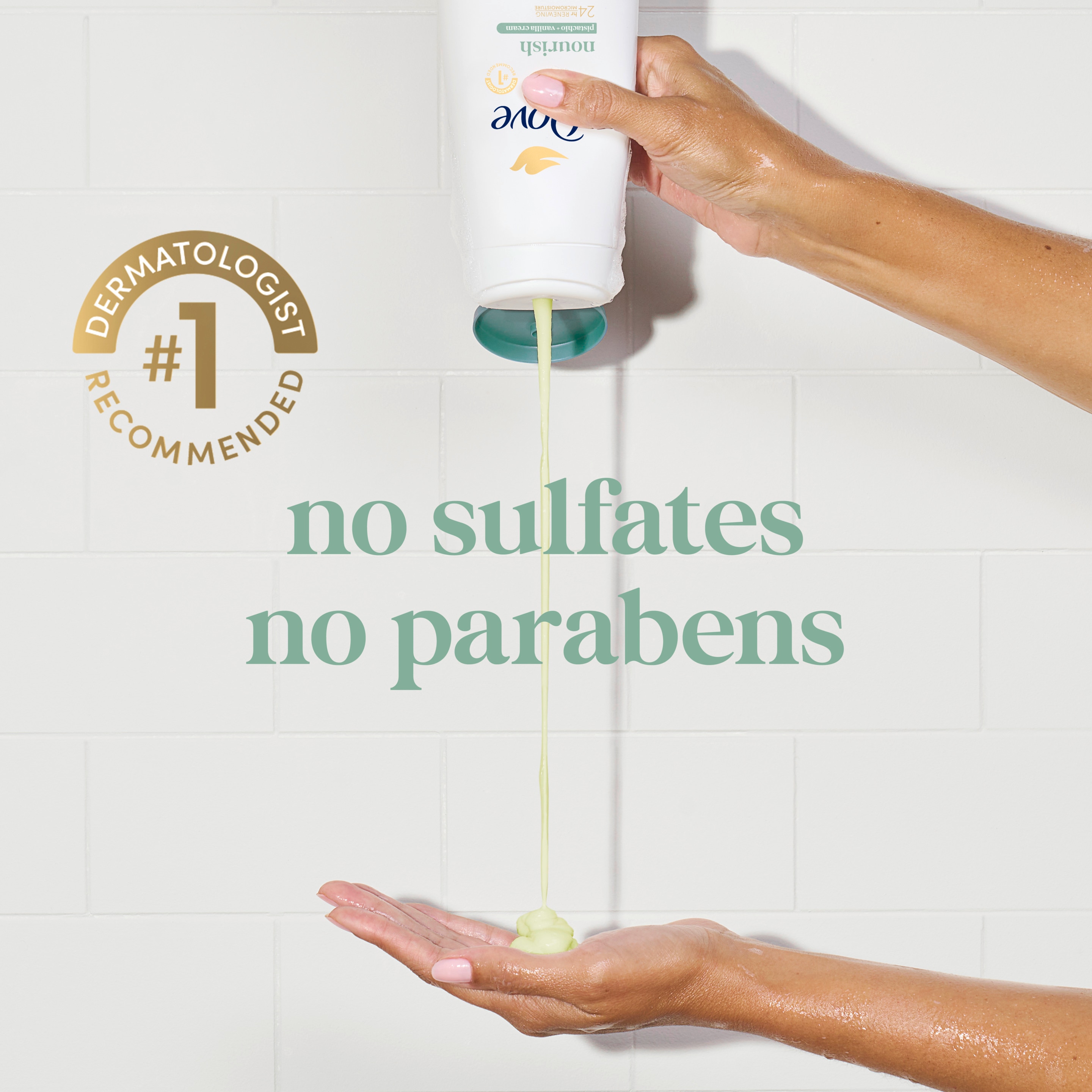 Person squeezing bottle of Dove sulfate-free body wash