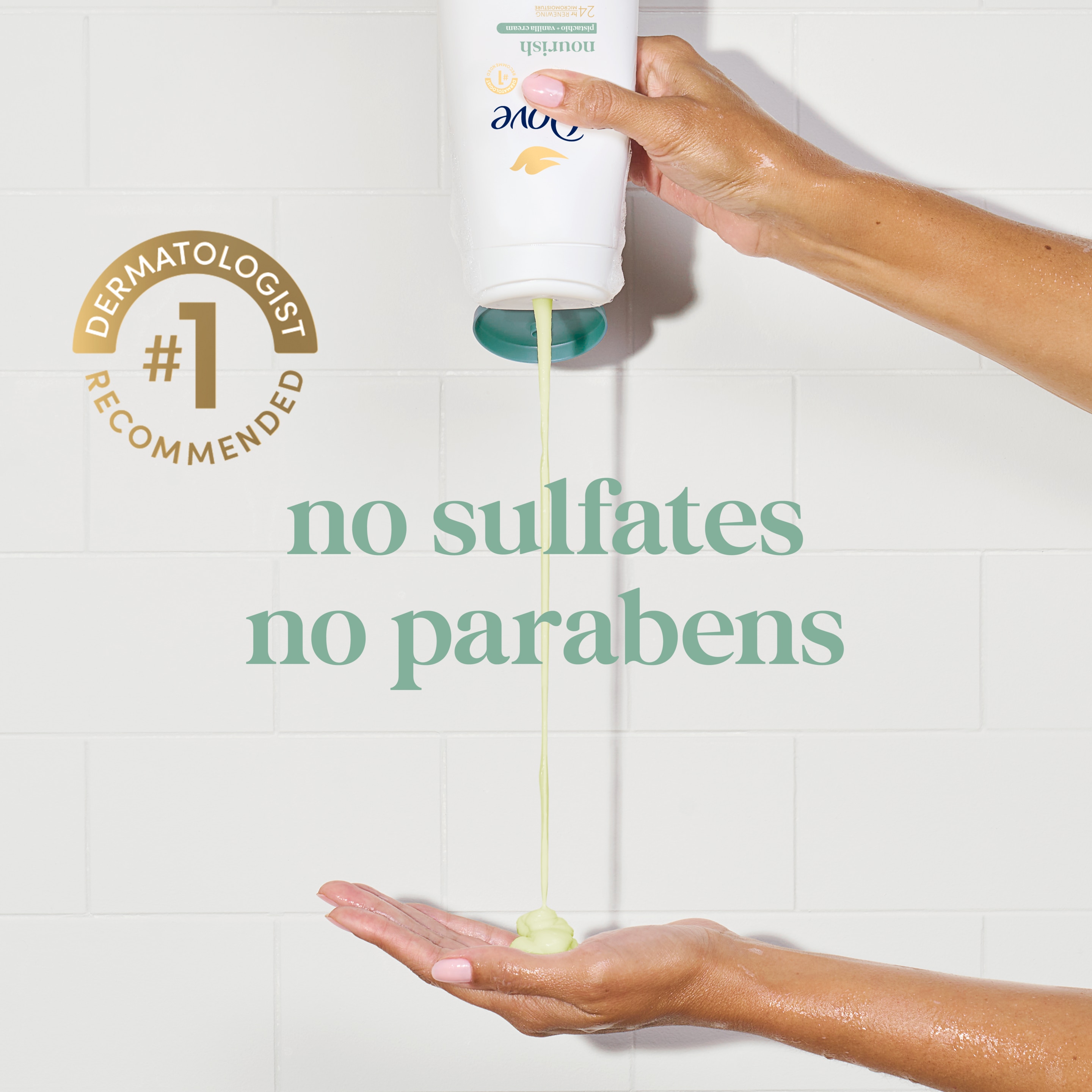 Person squeezing bottle of Dove sulfate-free body wash. 