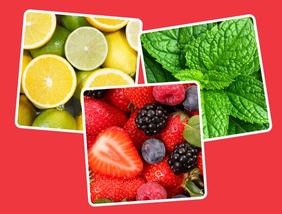 Mint, berries and lime slices as garnish for summery lime slush