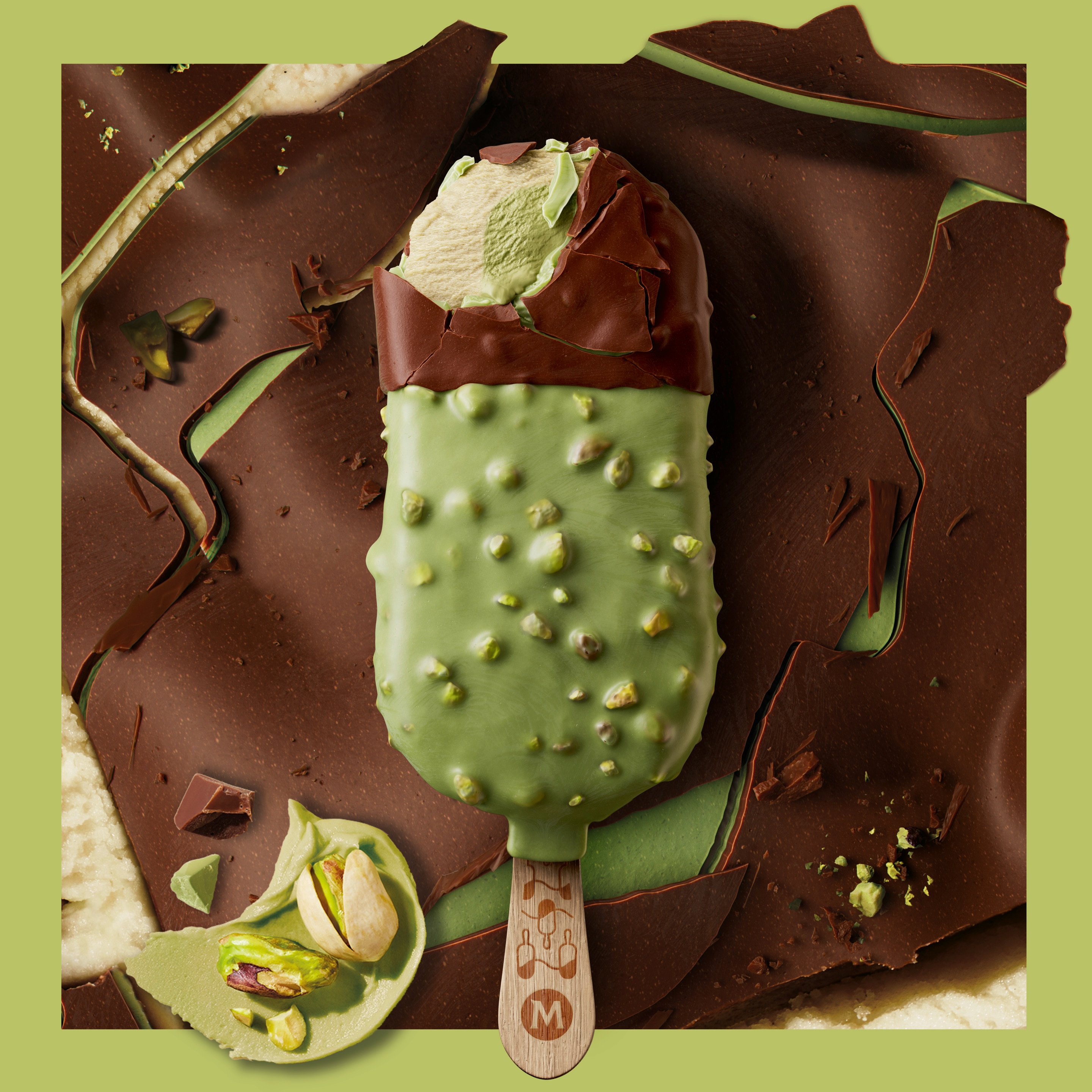 Magnum Euphoria ice cream stick overlaid on chocolate, sorbet and ice cream landscape, inside an art deco arched window 