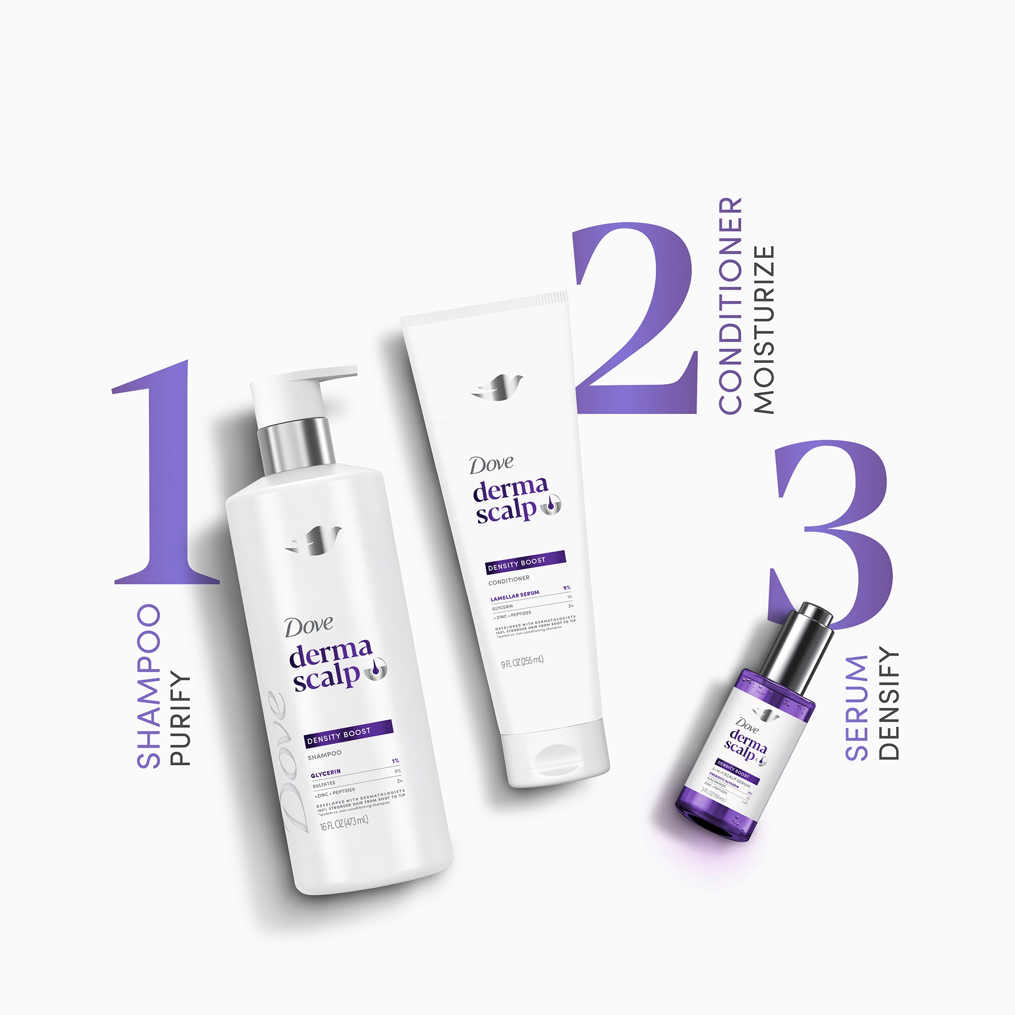 Dove DermaScalp Shampoo, Conditioner an Serum laying against a white background