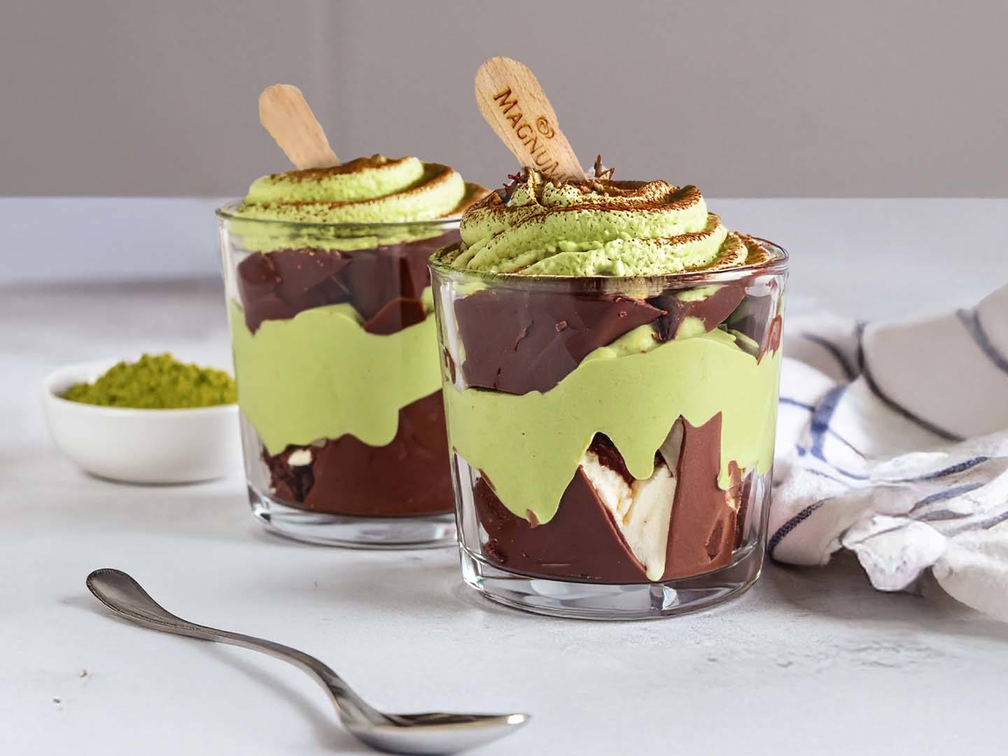 Matcha parfait made with matcha powder and Magnum Milk Chocolate bars