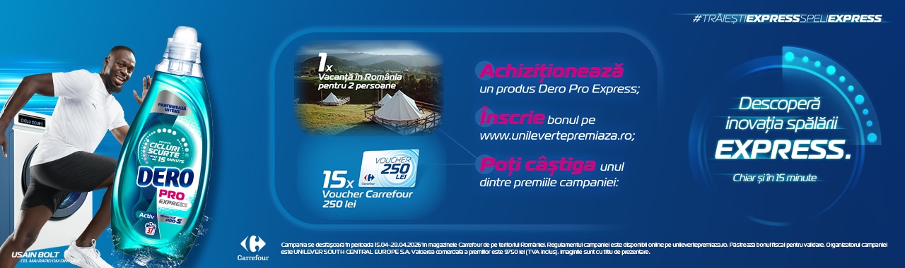 Descoperă inovația spălării express, chiar și în 15 minute! Campanie Dero Pro Express în Carrefour Despre promoție Descoperă Dero Pro Express, inovația spălării express, chiar și în 15 minute, în magazinele Carrefour! Mecanism, durată, premii Cumpără oricare produs Dero Pro Express din magazinele Carrefour, înscrie bonul fiscal pe unilevertepremiaza.ro și poți câștiga, prin tragere la sorți, unul din următoarele premii:  1 X vacanță în România pentru două persoane 15 X card cadou Carrefour în valoare de 250 lei    Pentru mai multe detalii consultă regulamentul.  Promoție încheiată. Câștigătorii vor fi anunțați în curând!
