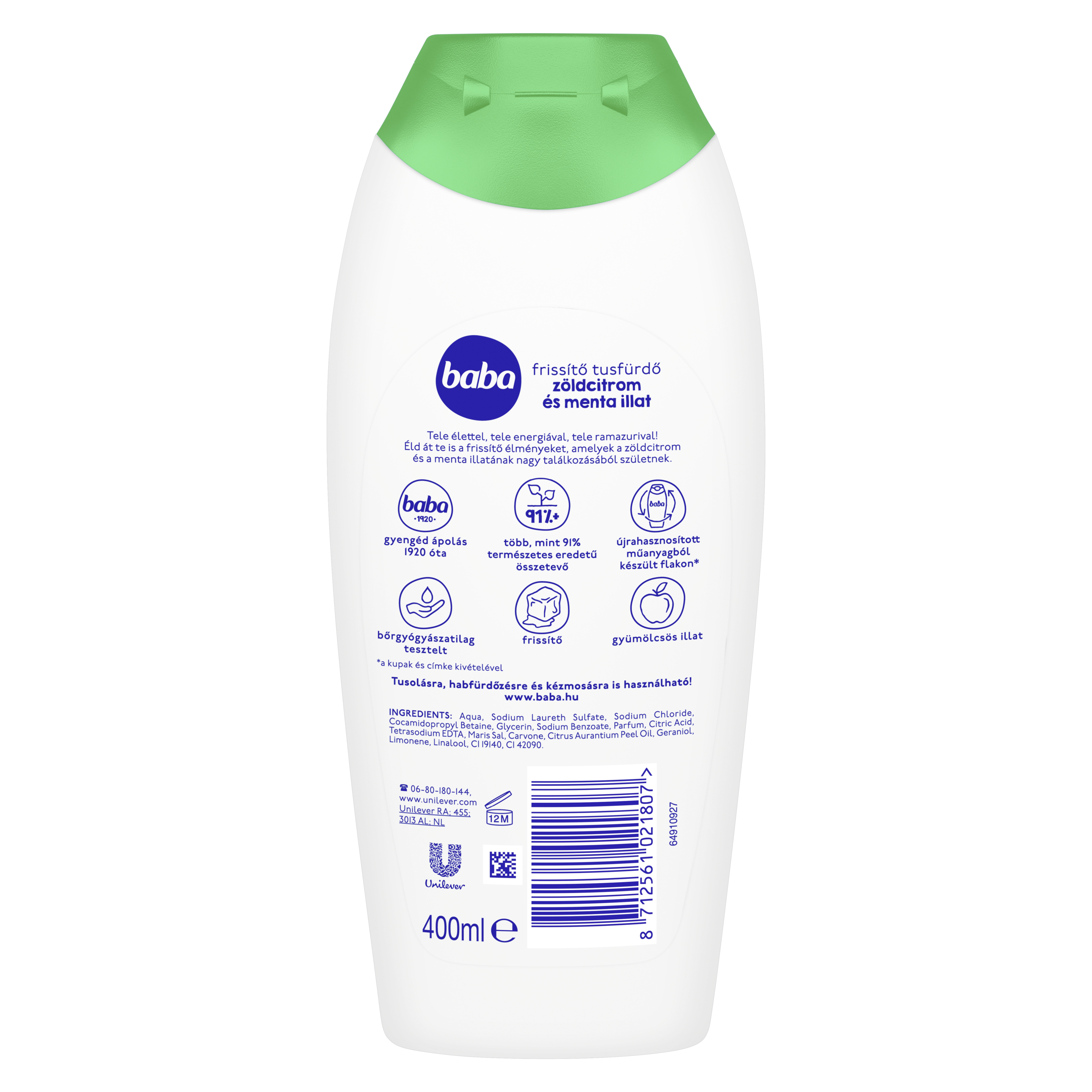 Baba frissítő tusfürdő zöldcitrom és menta illat 400 ml