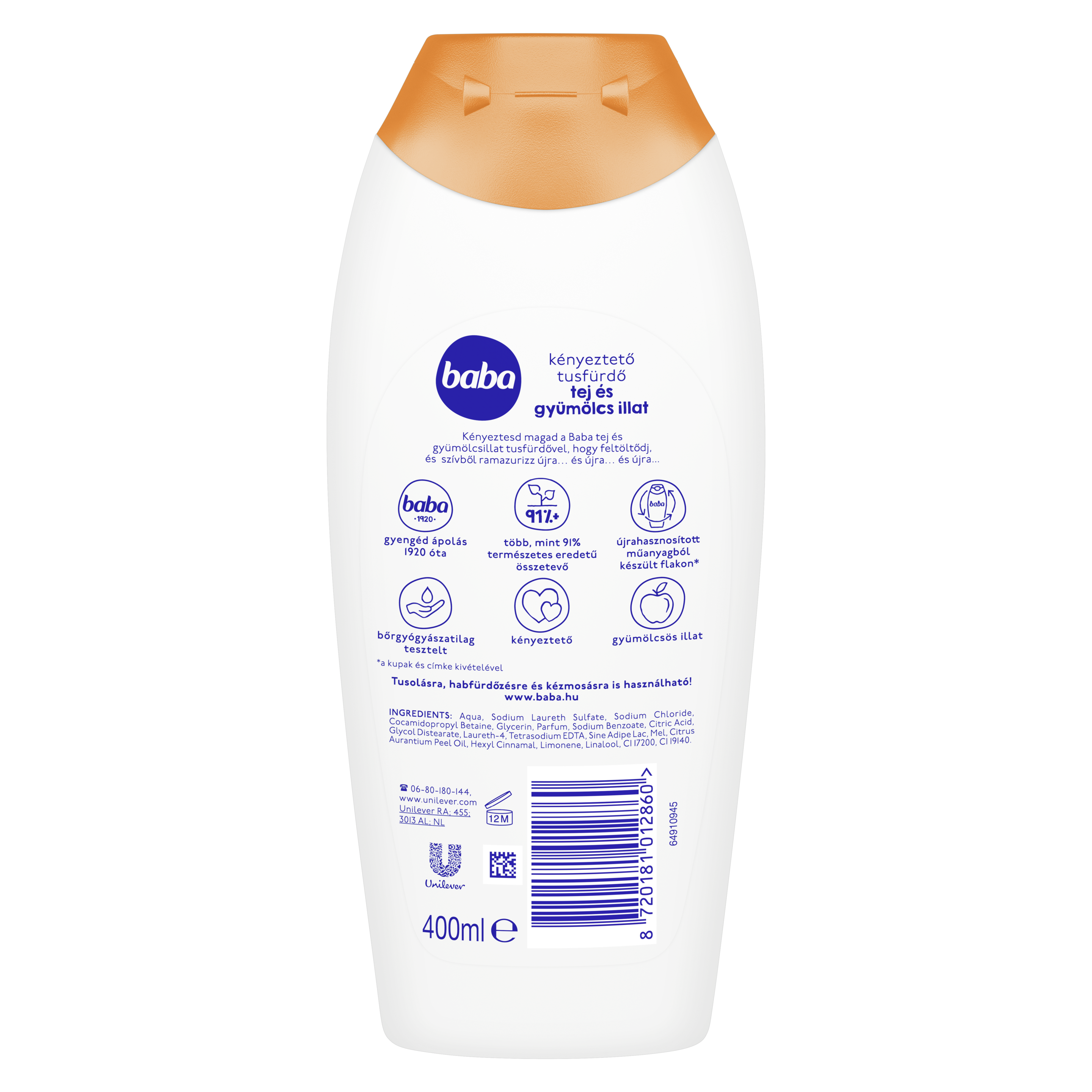 Baba kényeztető tusfürdő tej és gyümölcs illat 400 ml