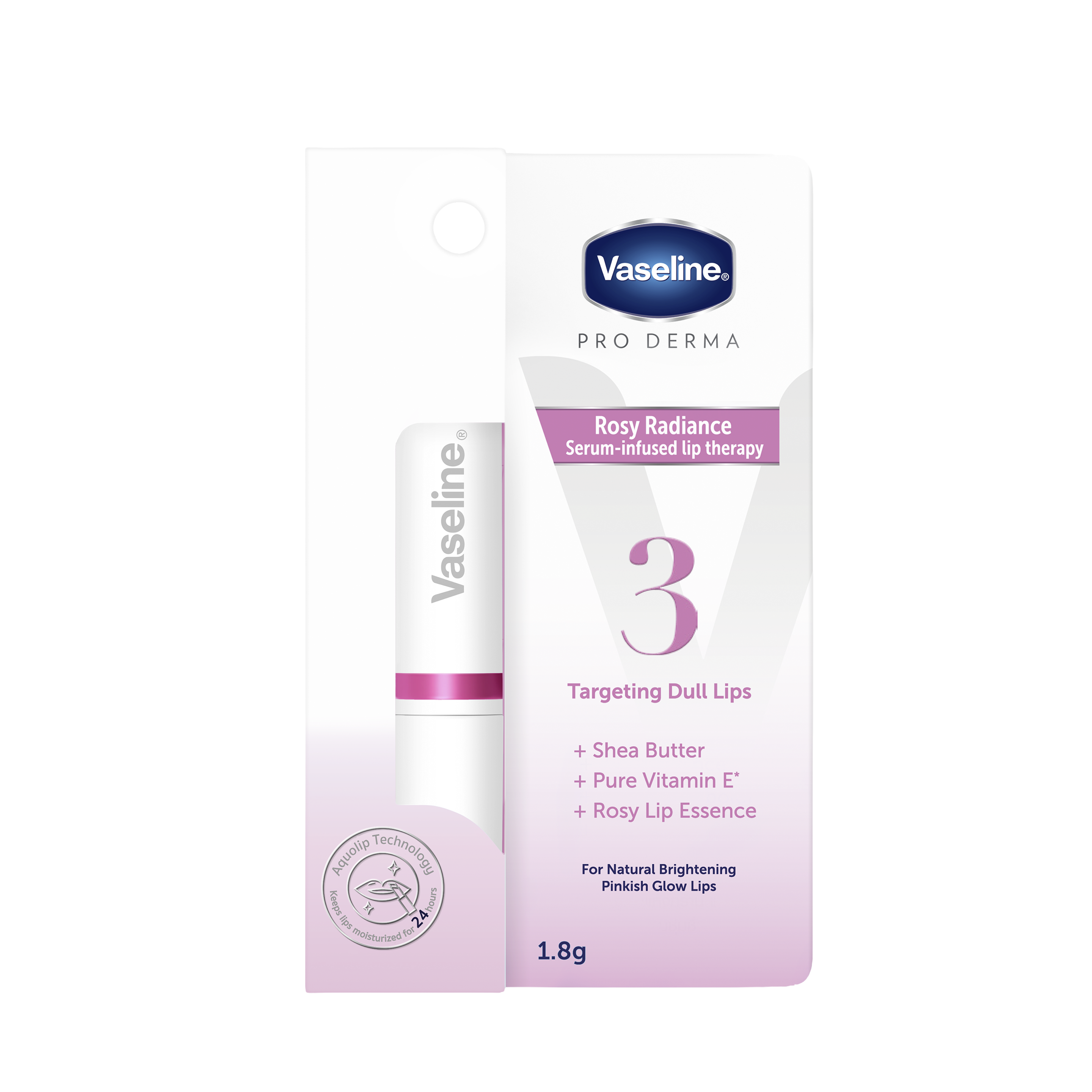 Vaseline Pro Derma Lip Rosy Radiance 1.8g FOP Pack packshot