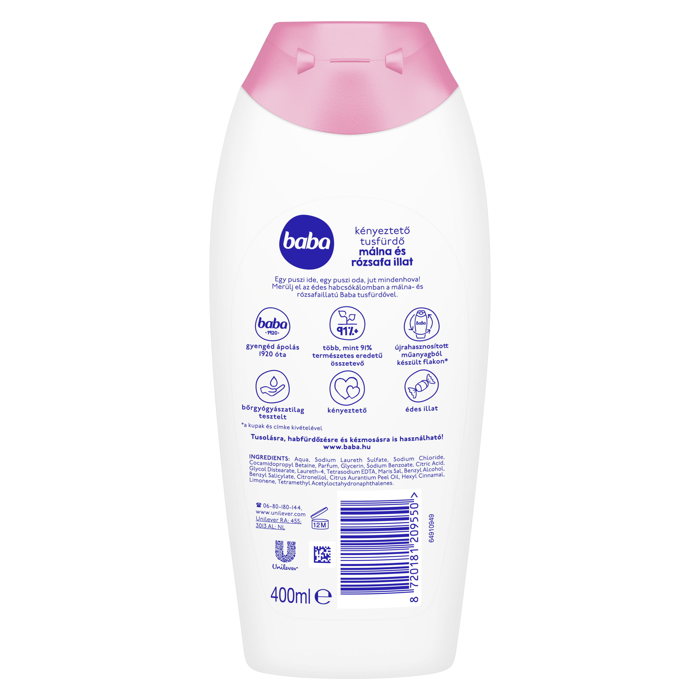 Baba kényeztető tusfürdő málna és rózsafa 400 ml