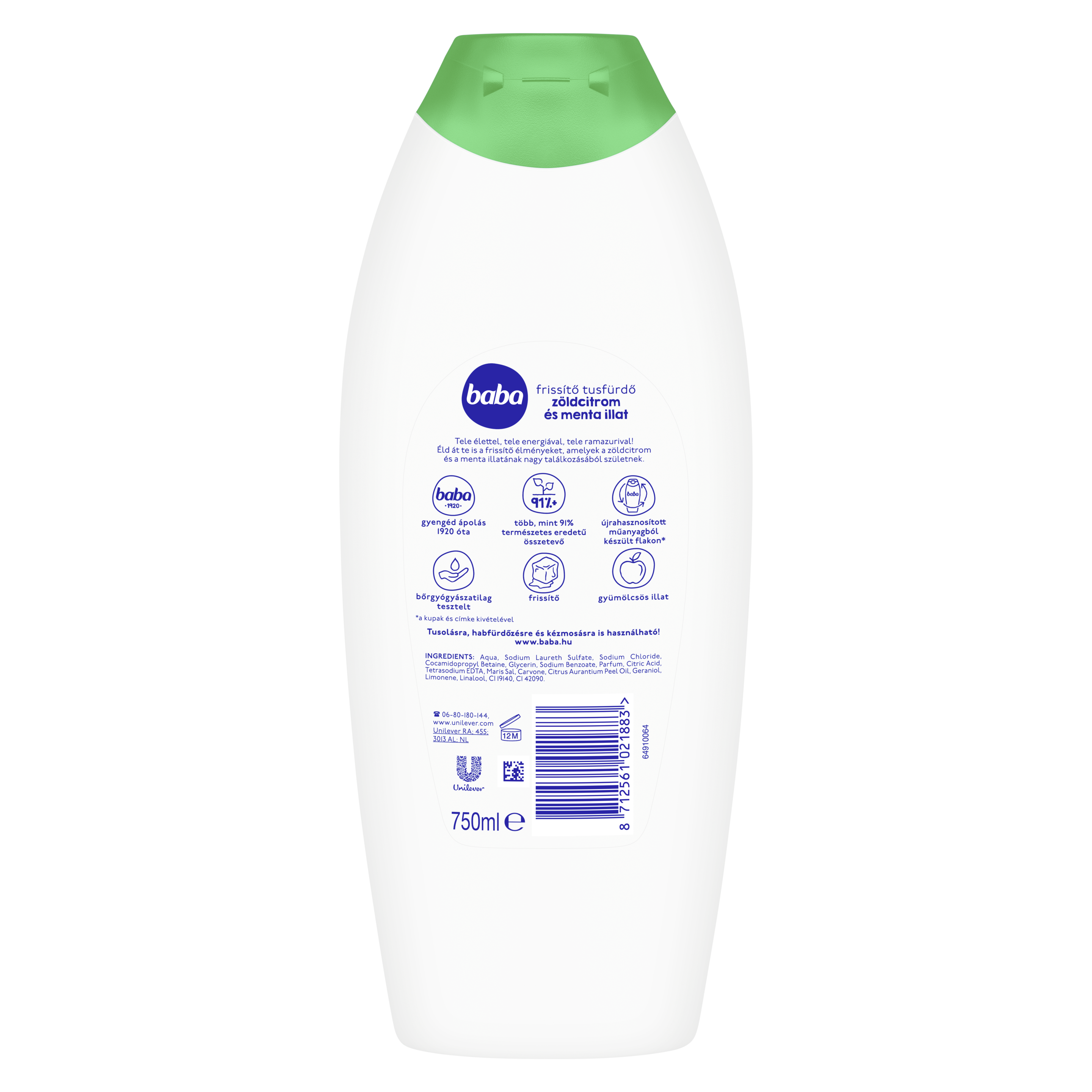 Baba frissítő tusfürdő zöldcitrom és menta illat 750 ml
