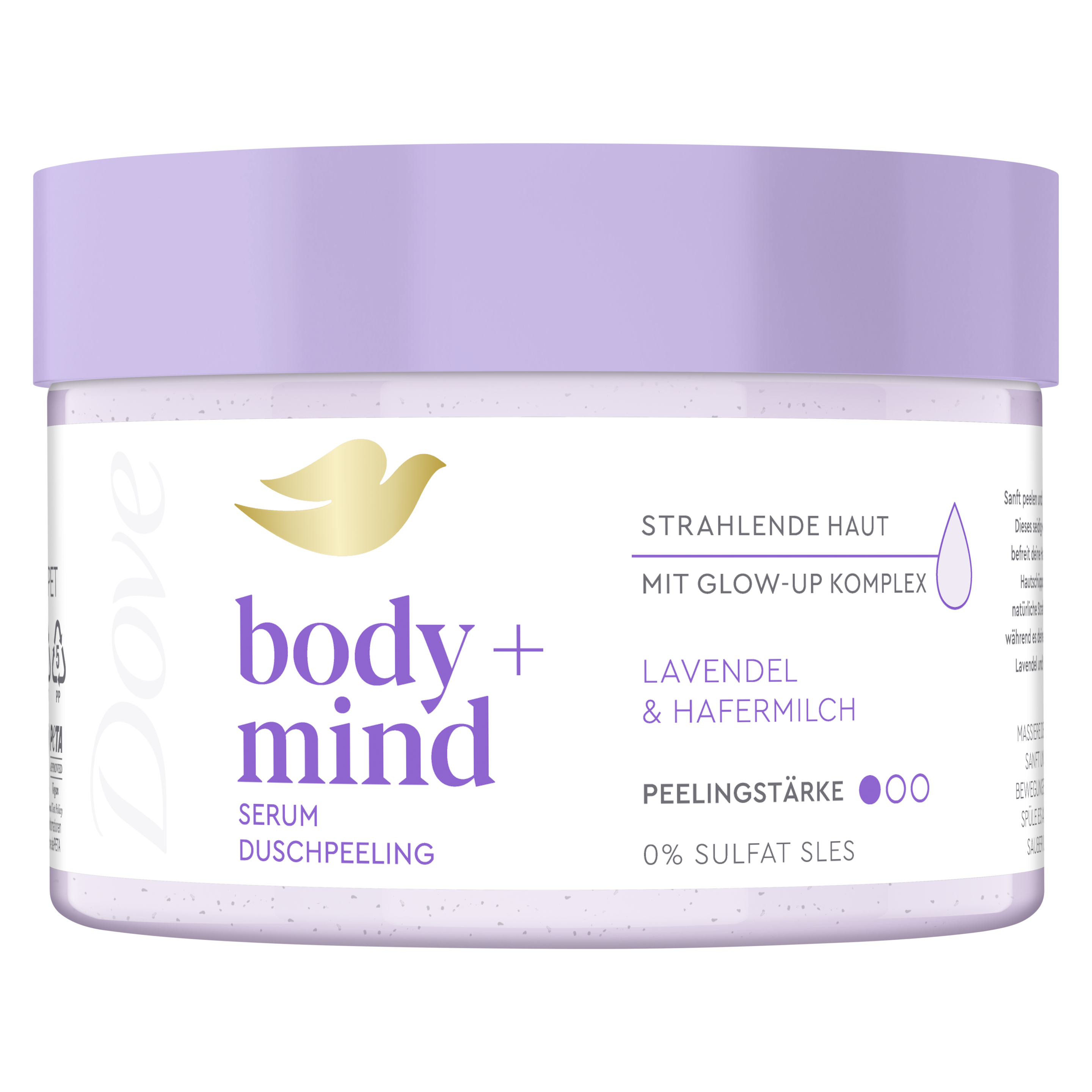 Dove body + mind Serum Duschpeeling Lavendel & Hafermilch 295 ml in einem weißen Design packshot