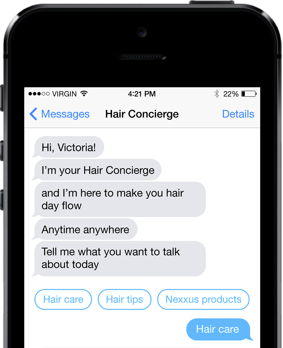 phone hair concierge Text