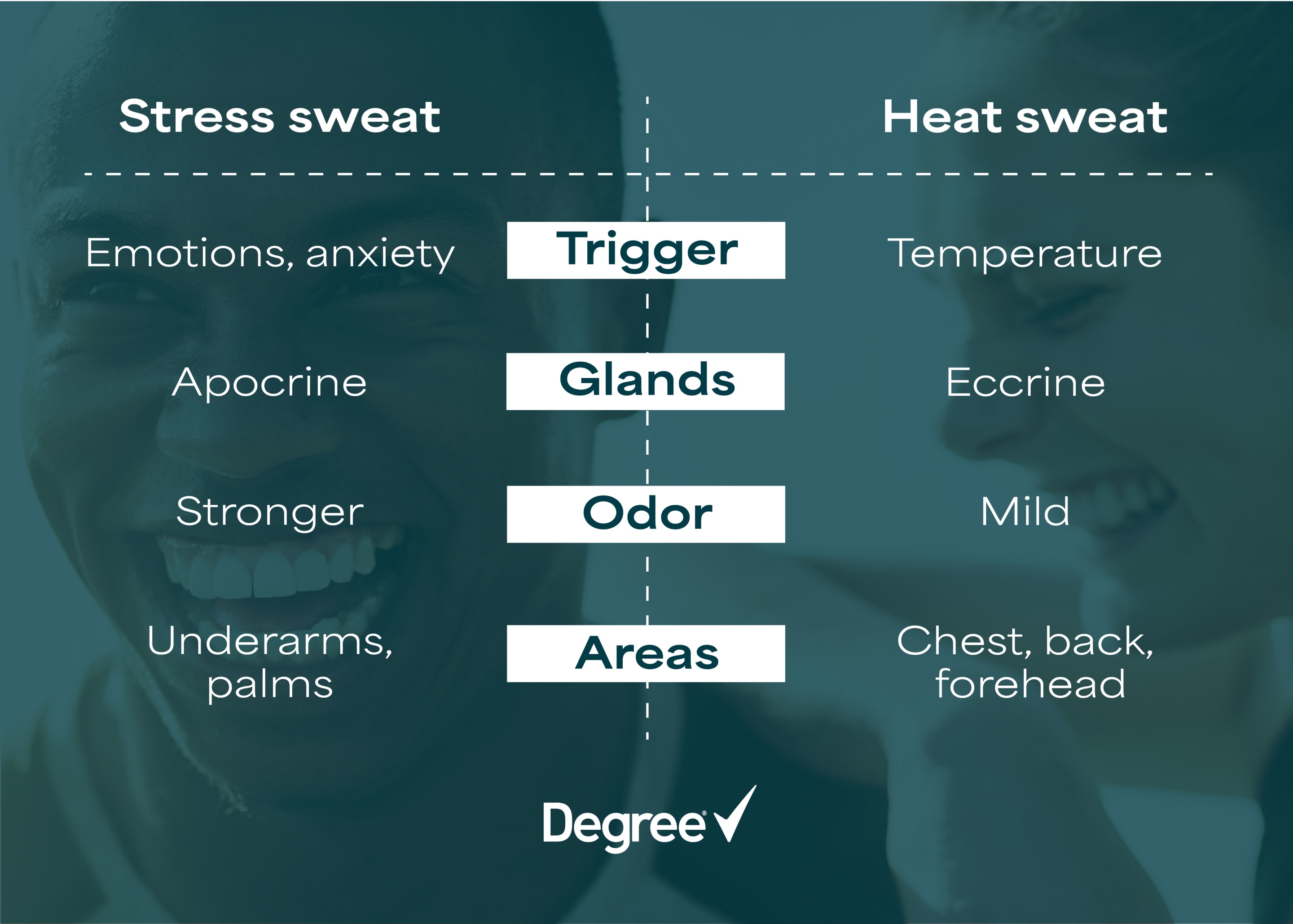 A comparison table comparing stress sweat vs. heat sweat and the different triggers, glands, and areas of the body