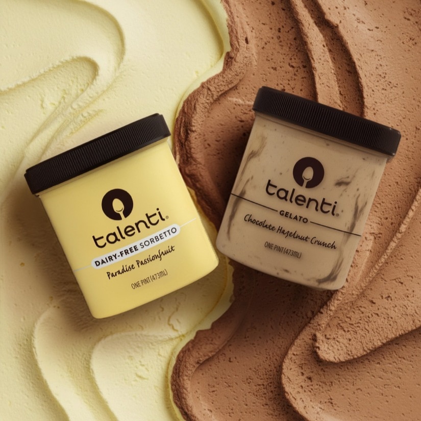 Pints of Talenti Paradise Passionfruit Sorbetto and Talenti Chocolate Hazelnut Crunch Gelato laid on top of sorbetto and gelato textures