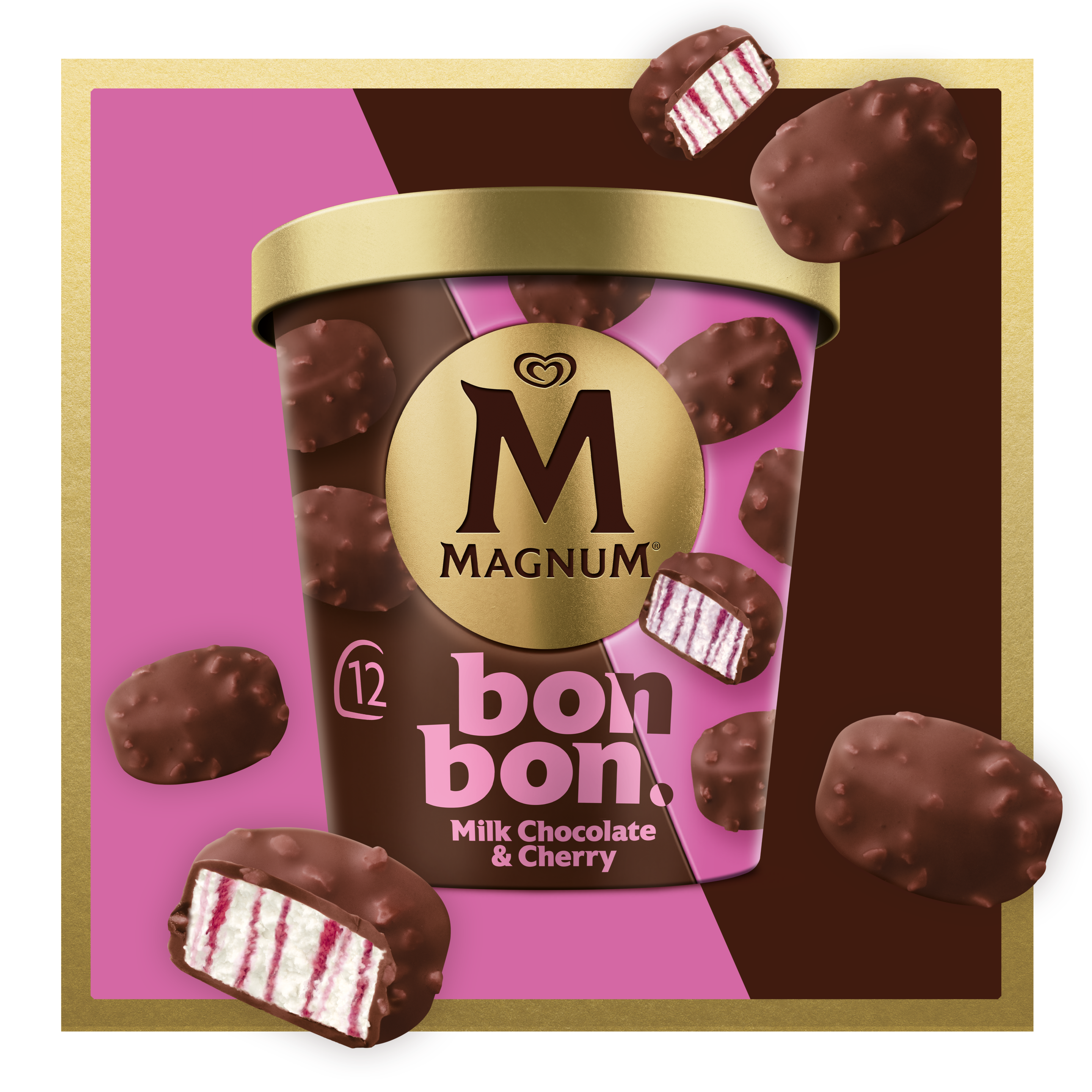 Magnum Gold Caramel Billionaire Bon Bon Tub overlaid on a diagonally split colour background in lighter brown and gold doré, reversed colours from the tub, surrounded by cylinder-shaped bite-sized bon bon ice cream popping out of a gold border surrounding the image in a 3-D effect. 
