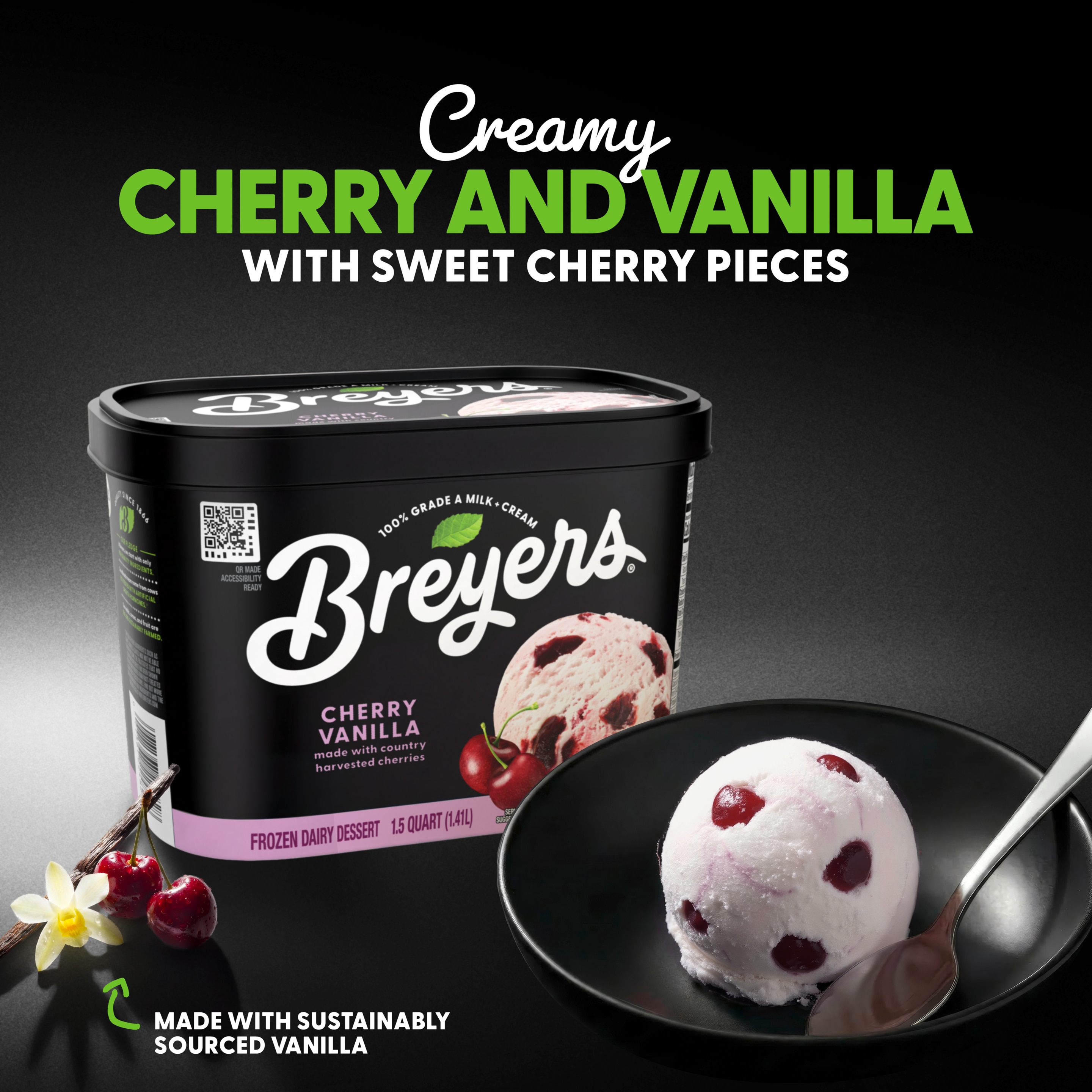 A 48 ounce tub of Breyers® Cherry Vanilla front of pack
