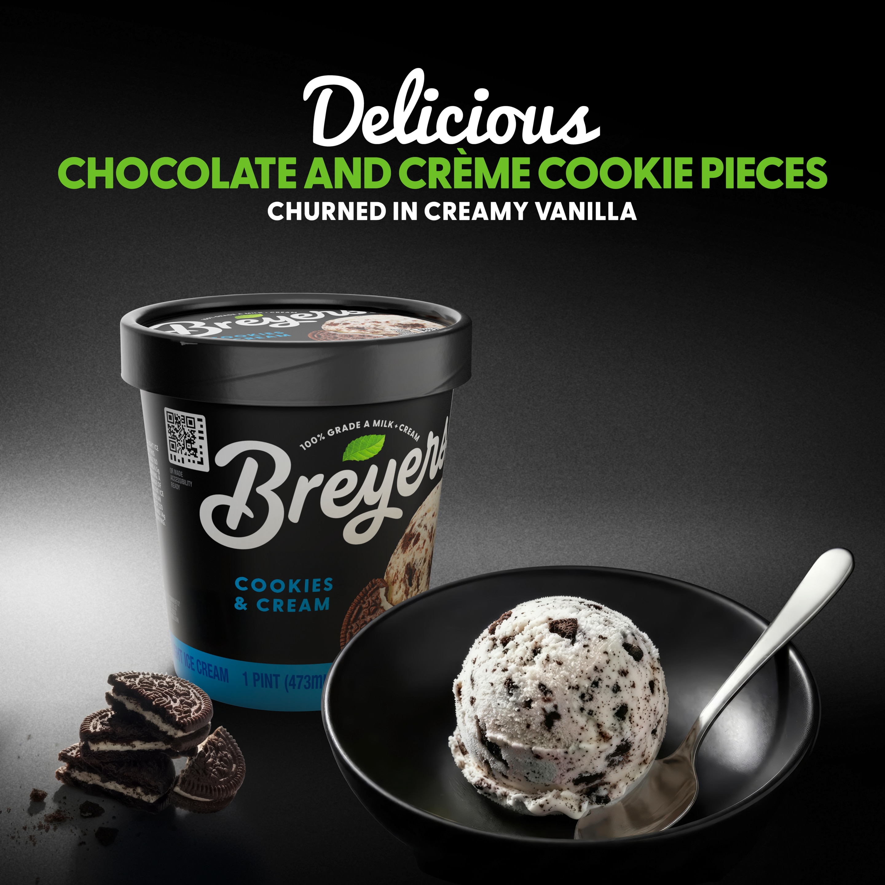 A 16 ounce tub of Breyers® Cookies & Cream front of pack