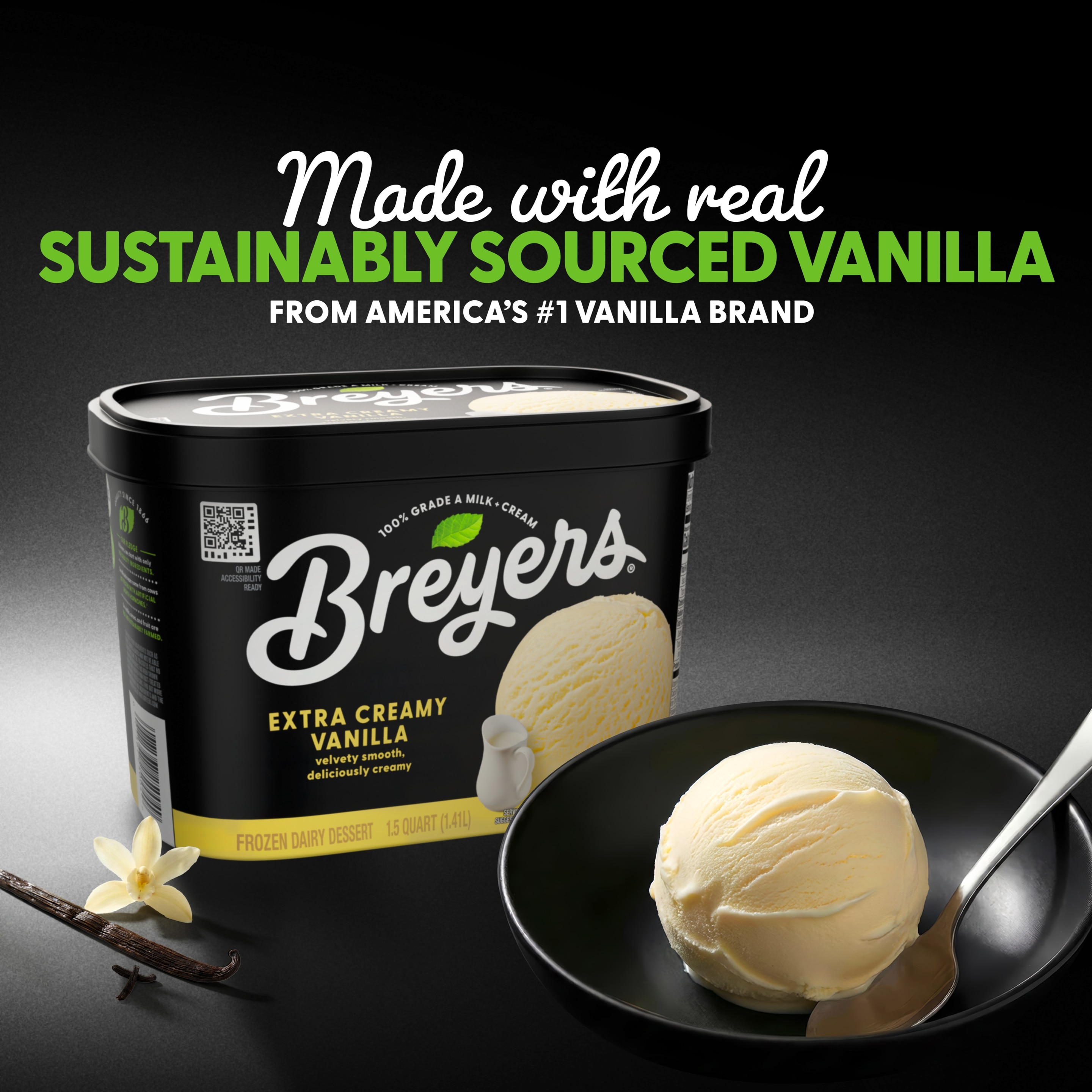 A 48 ounce tub of Breyers® Extra Creamy Vanilla front of pack