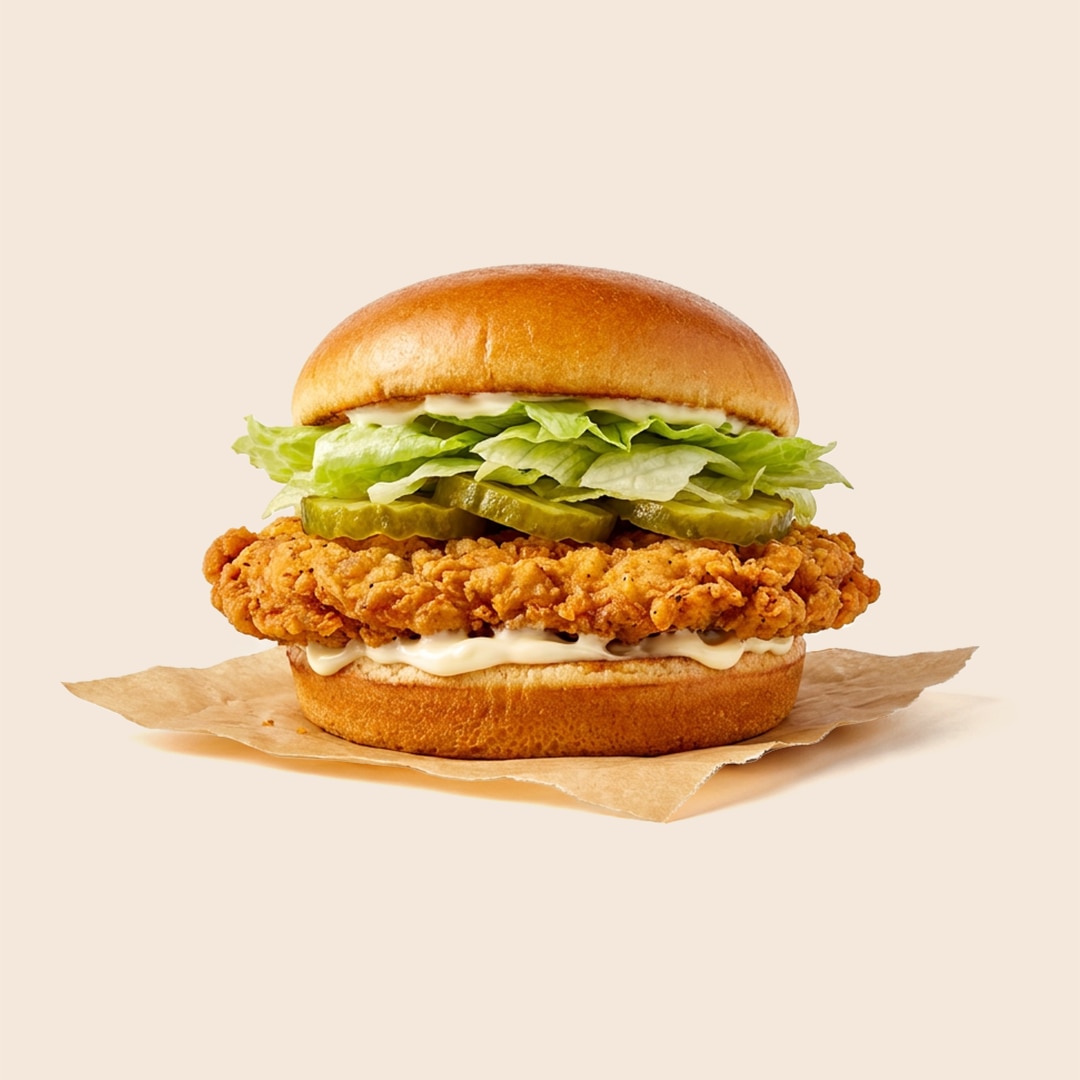 Crispy chicken fried steak sandwich on a brioche bun with lettuce, pickles, and mayonnaise.