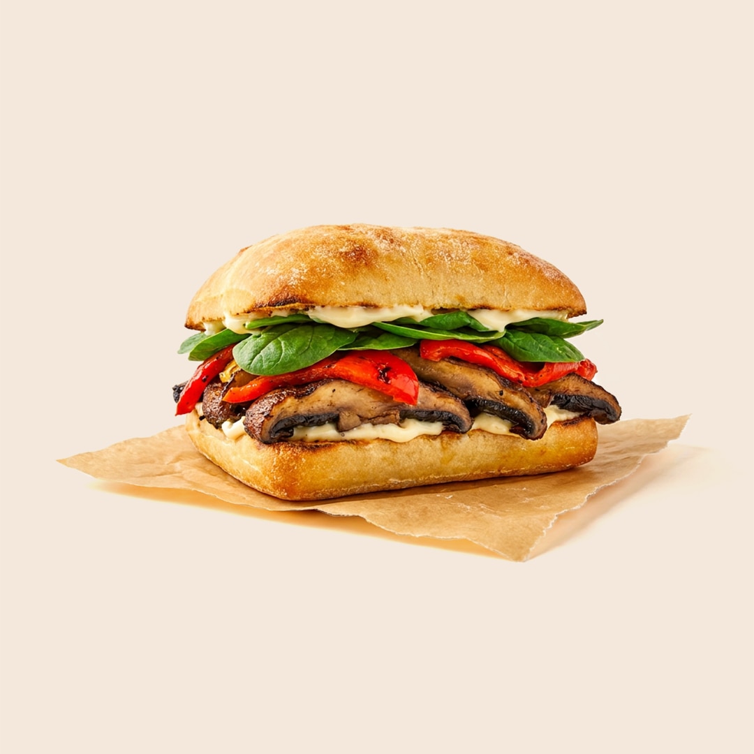 Grilled portobello mushroom sandwich on a ciabatta roll with roasted red peppers, spinach, and mayo-based garlic aioli. 