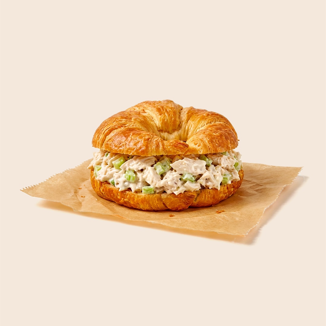 Mayo-based chicken salad with celery served on a flaky, toasted croissant.