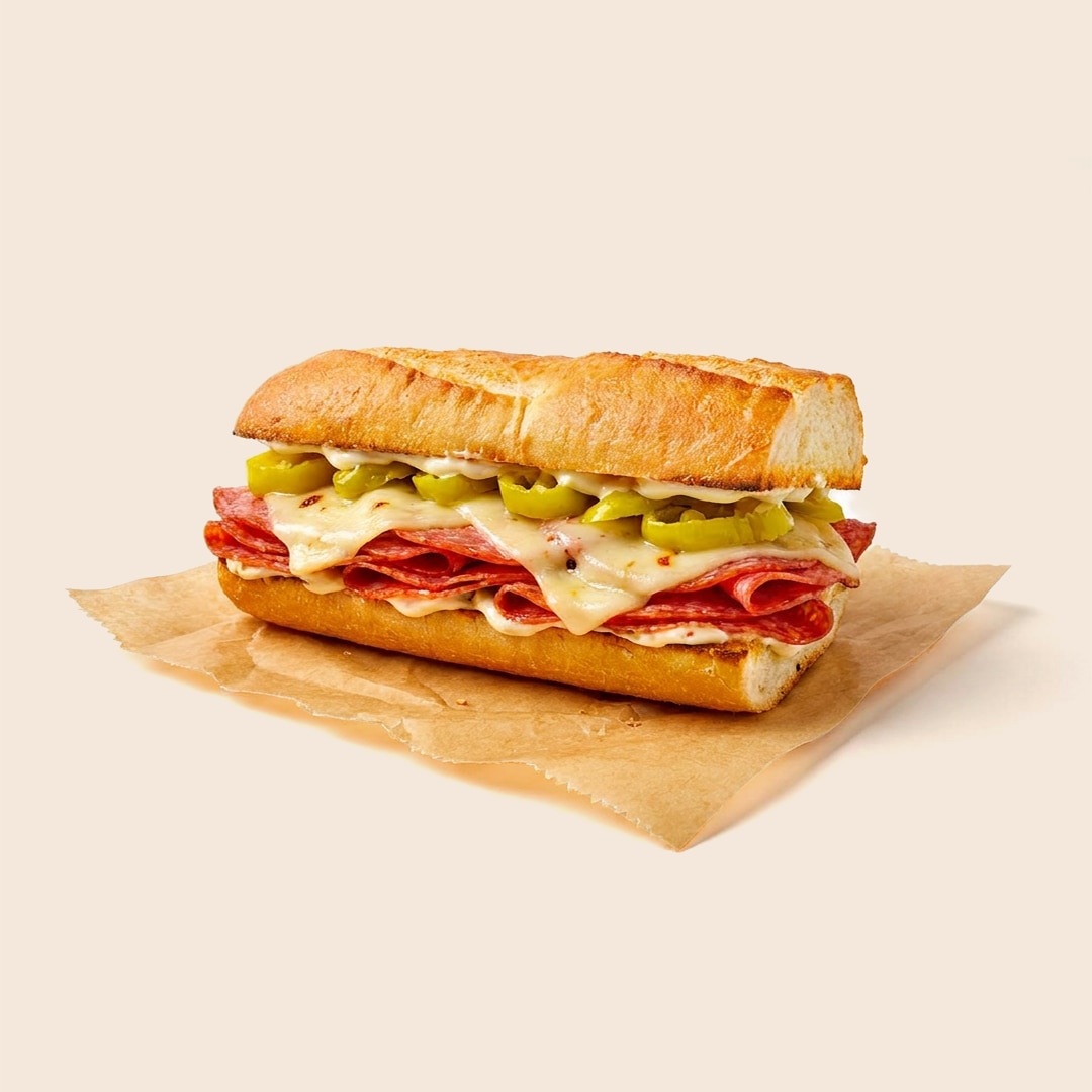 Hot salami sandwich on a long roll with melted cheese, sliced pepperoncini and mayo.