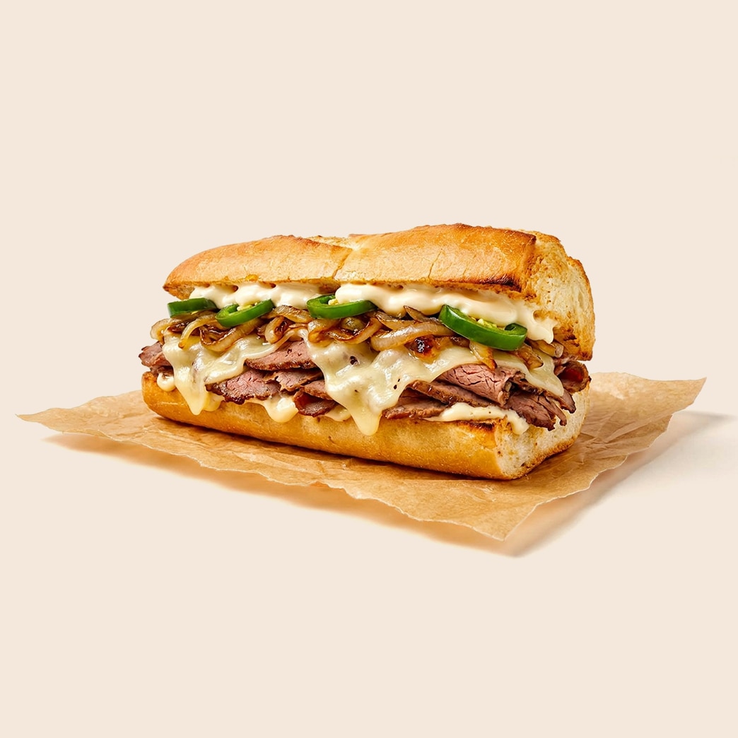 Spicy lamb grinder sandwich on a baguette with melted cheese, sauteed onions, sliced jalapeños and mayo. 