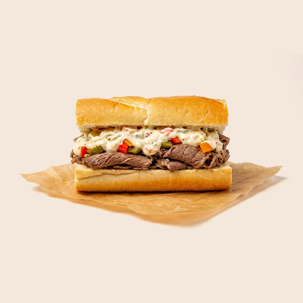 Italian beef sandwich on a long roll topped with mayo-based giardiniera and melted cheese. 