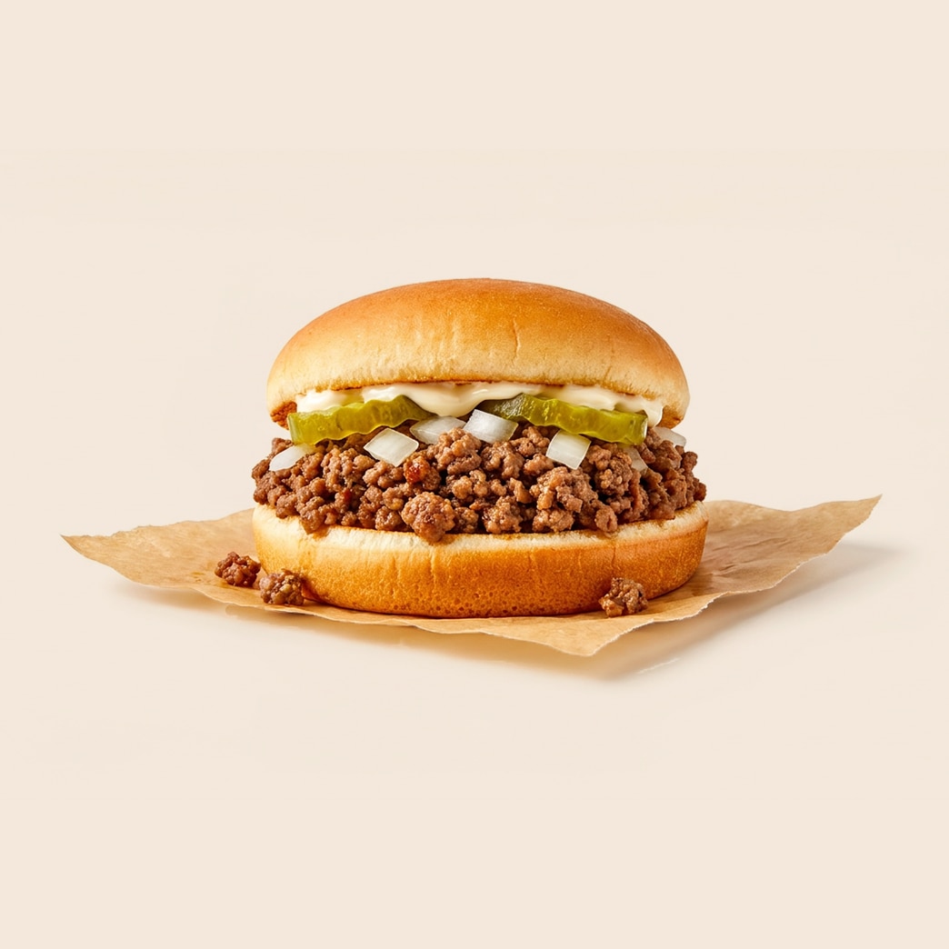 Loose meat sandwich featuring seasoned ground beef, pickles, onions, and mayo on a bun. 