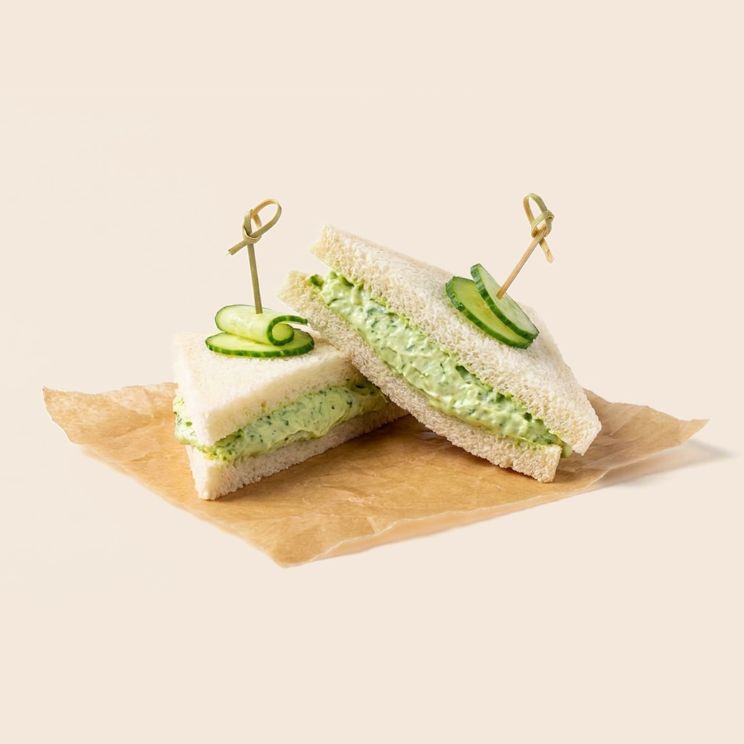Cucumber benedictine tea sandwich triangles on white bread, garnished with cucumber slices.