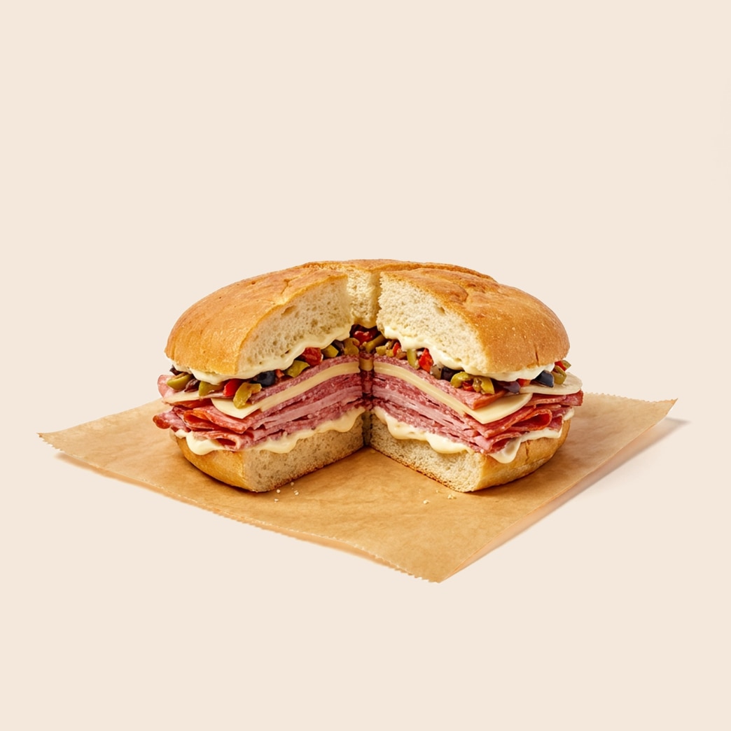 Muffuletta sandwich on round Sicilian sesame bread, sliced in half to show layers of Italian meats, cheese, olive salad and mayo. 