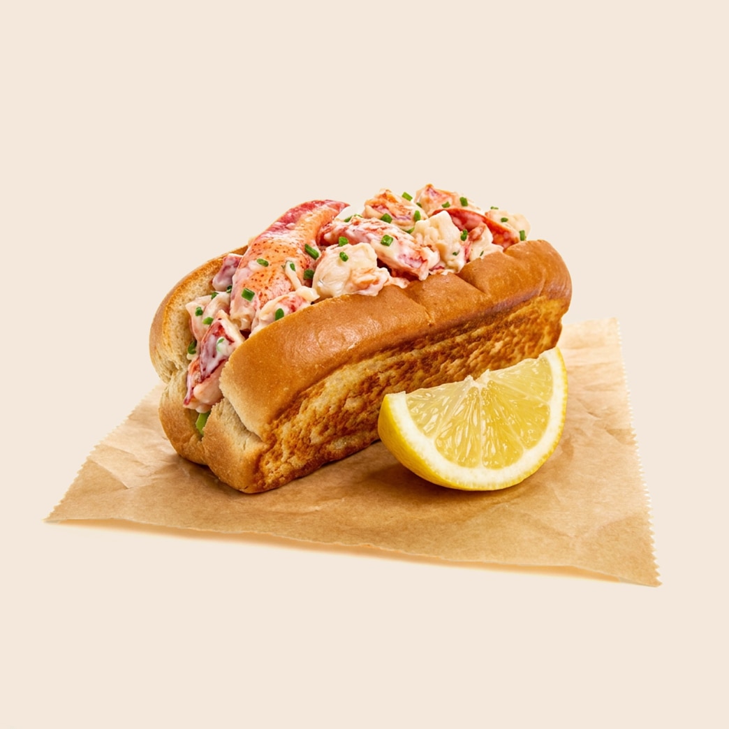 Maine-style lobster roll with mayo-based fresh lobster meat salad in a toasted split-top bun, served with a lemon wedge.