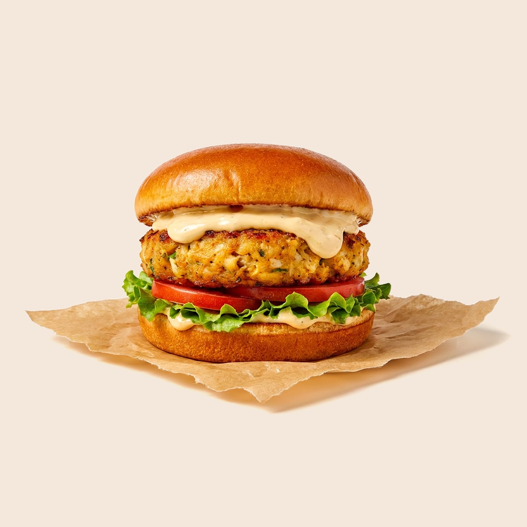 Maryland crab cake sandwich on a brioche bun with lettuce, tomato, and mayo-based tartar sauce. 