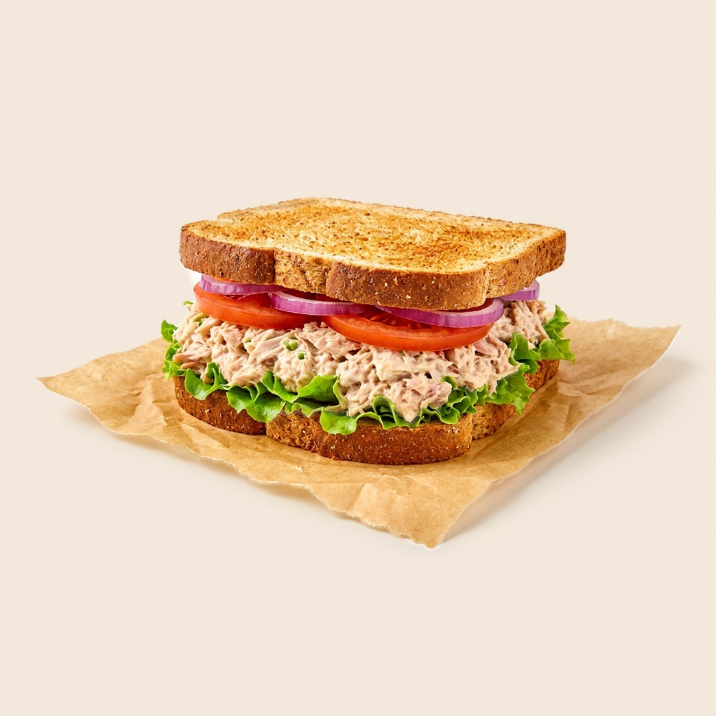 Tuna salad sandwich on toasted whole wheat bread with lettuce, tomato, and red onion. 