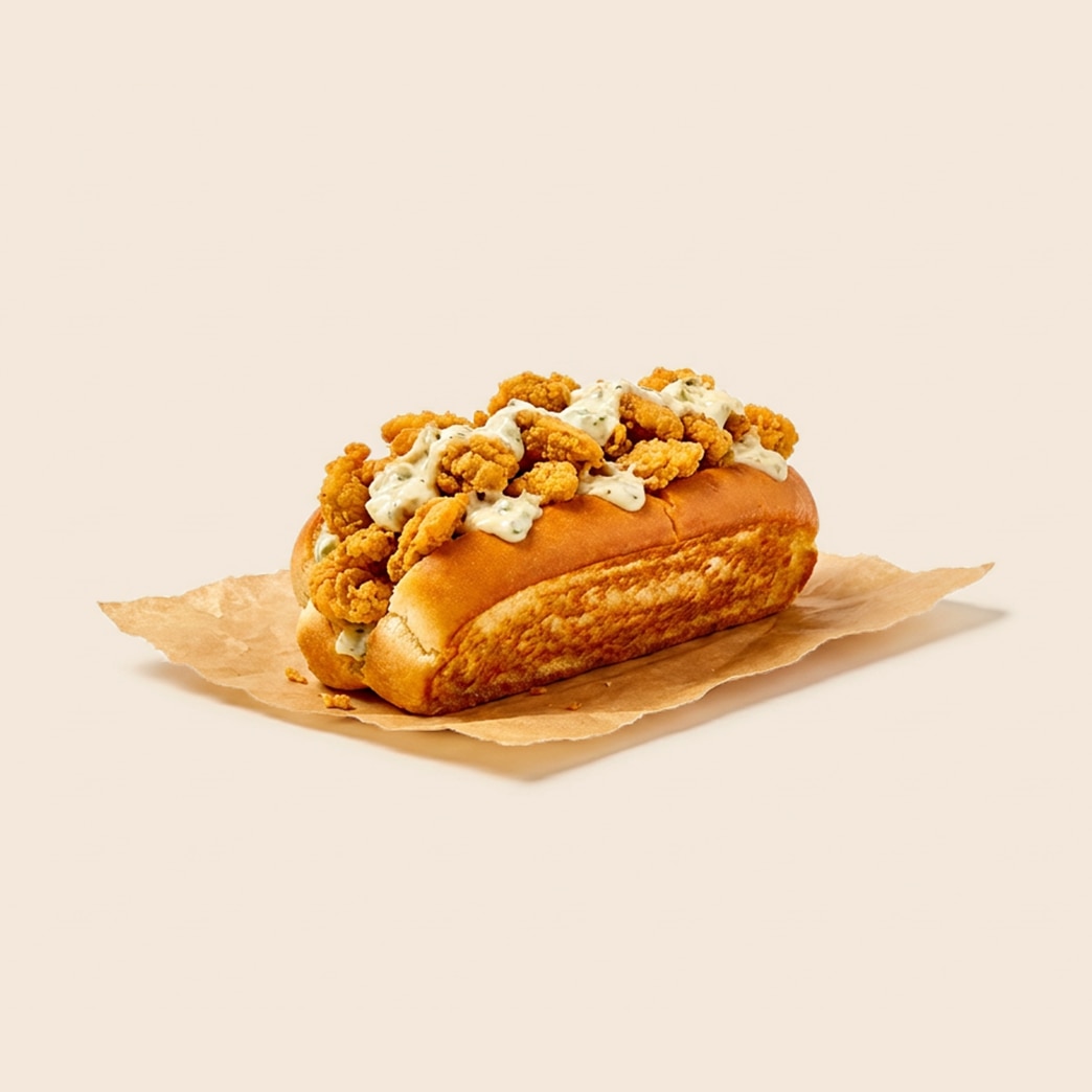 Crispy fried clam strip roll topped with mayo-based tartar sauce in a split-top bun. 