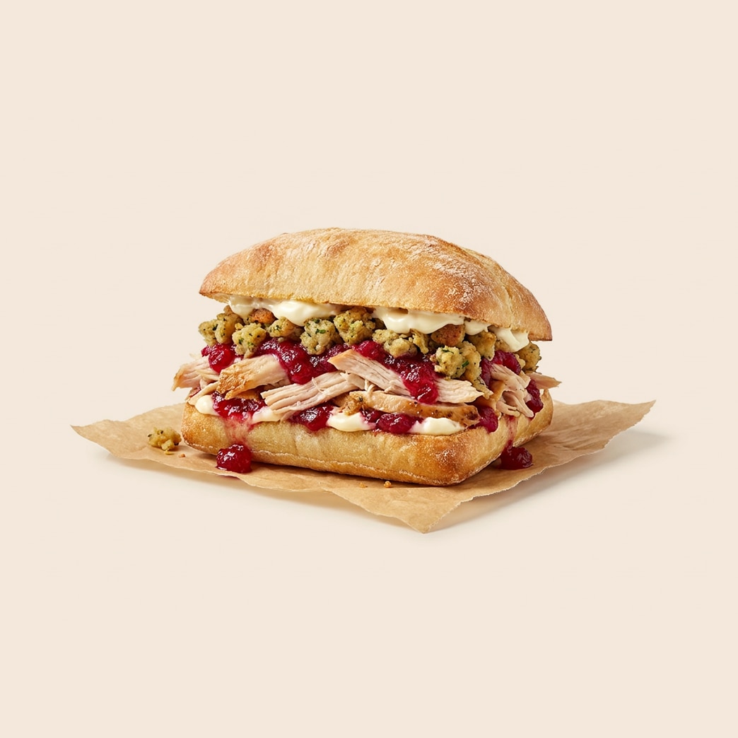Thanksgiving-style sandwich on a ciabatta roll with turkey, cranberry sauce, stuffing, and mayo. 