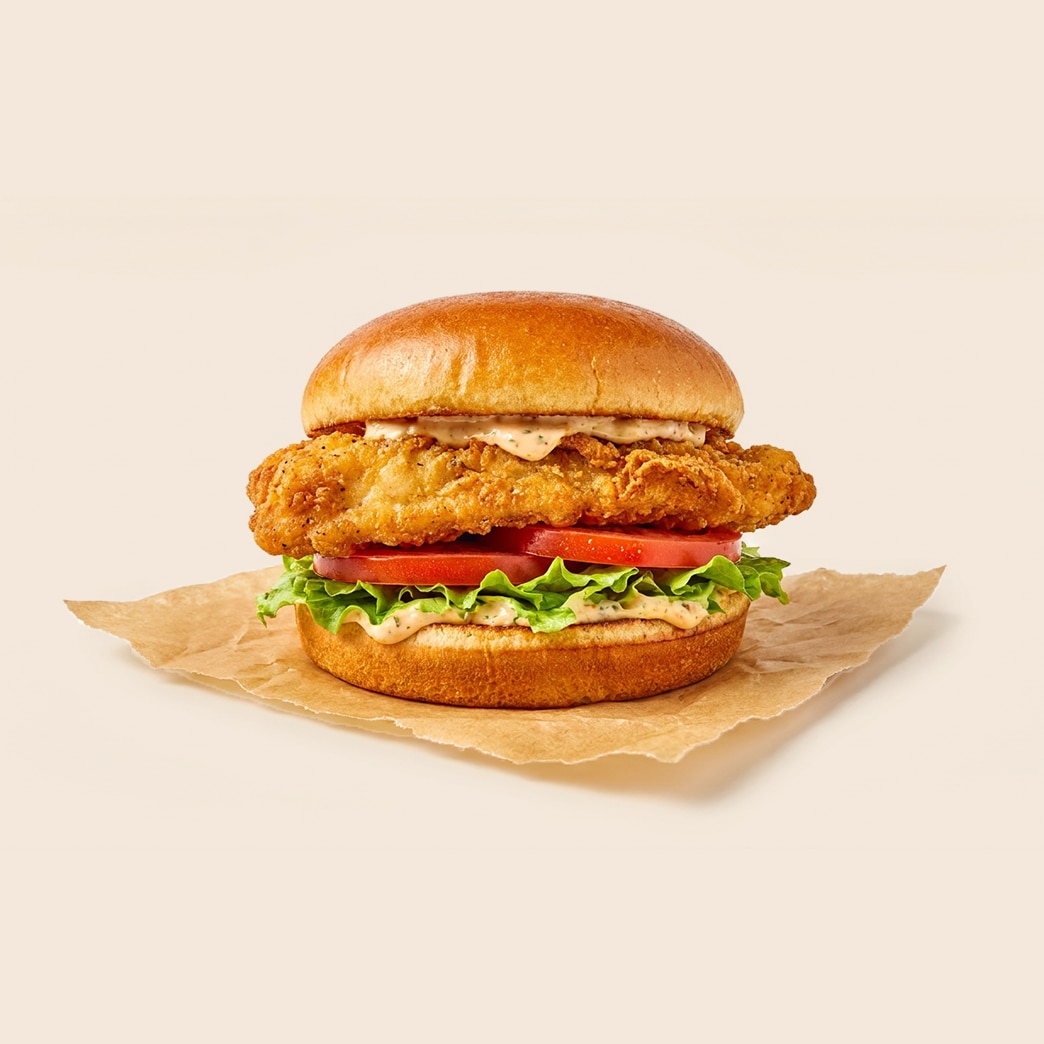 Crispy fried grouper sandwich on a brioche bun with lettuce, tomato, and mayo-based tartar sauce. 