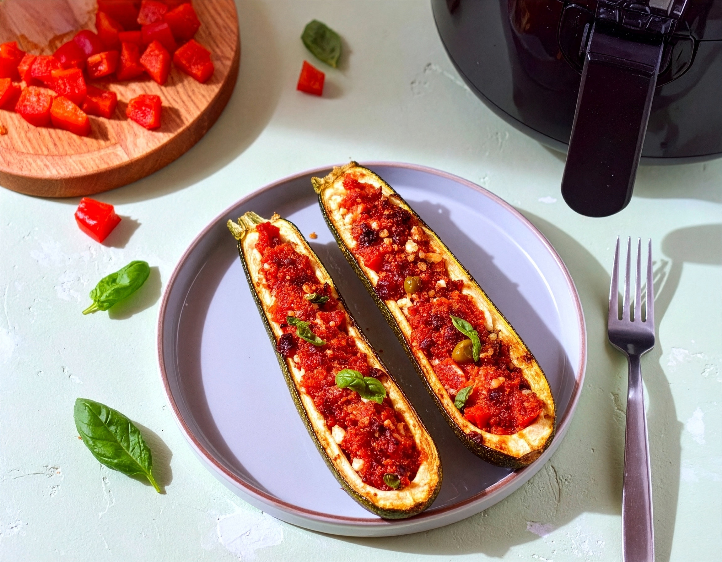 Vegetarisch gefüllte Zucchini mit Hüttenkäse aus dem Air Fryer 30 Min  recipe