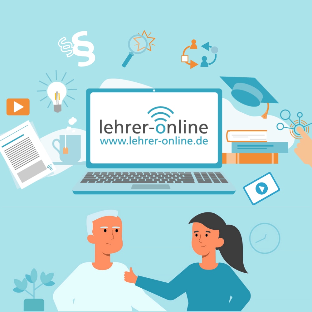 Illustration einer digitalen Lernplattform mit Symbolen für Unterricht, Weiterbildung und digitales Lernen.