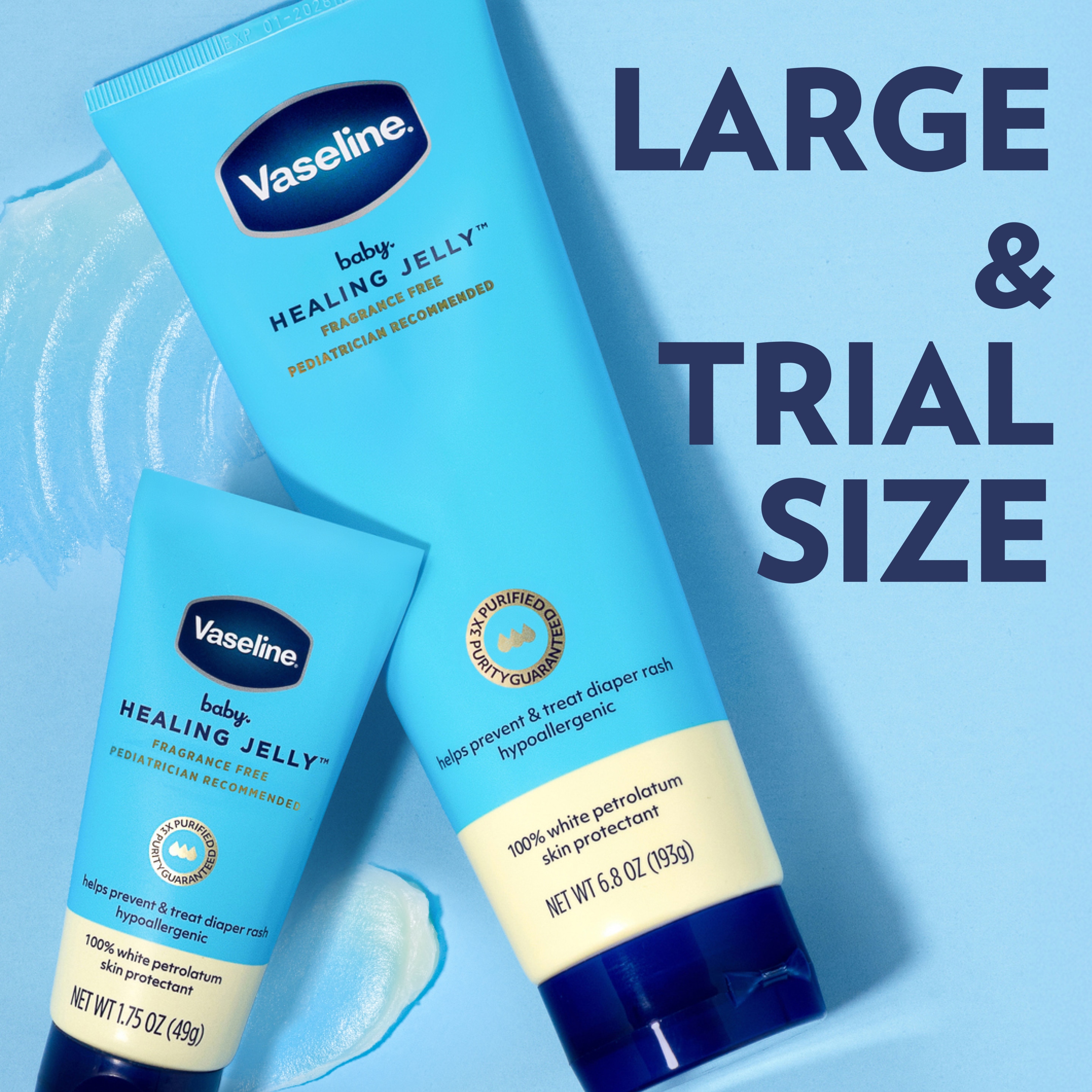 Large and trial-size tubes of Vaseline Baby Healing Jelly displayed on a blue background, with text