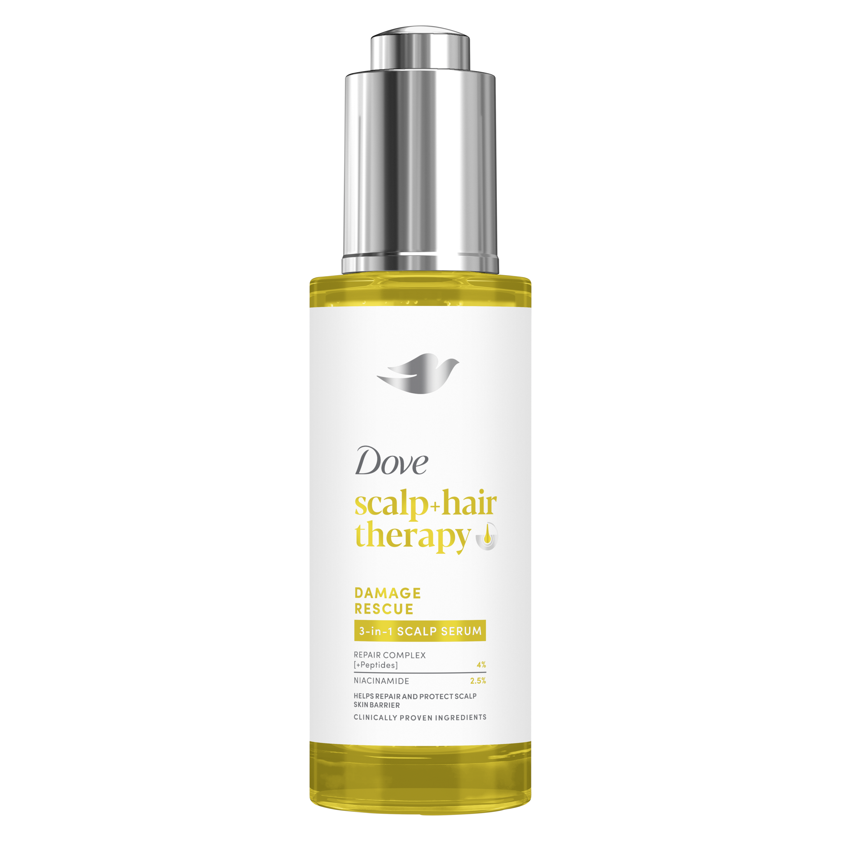 DOVE Scalp + Hair Therapy Serum helpt tot 3 jaar haarbeschadiging te herstellen* Damage Rescue haarserum met 3 voordelen in 1 45 ml packshot
