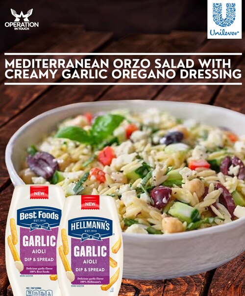 HBF mediterranean orzo salad with creamy garlic oregano dressing article