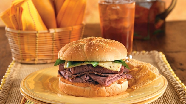 HBF Light roast beef sandwich with chipotle mayo pepper jack cheese