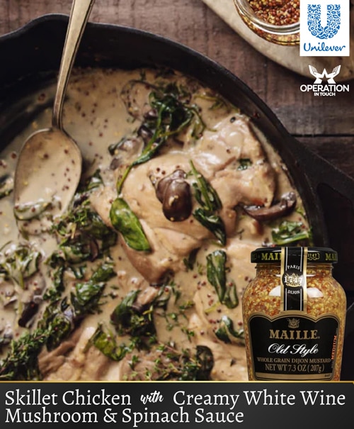 Maille skillet chicken with creamy white wine mushroom spinach sauce article