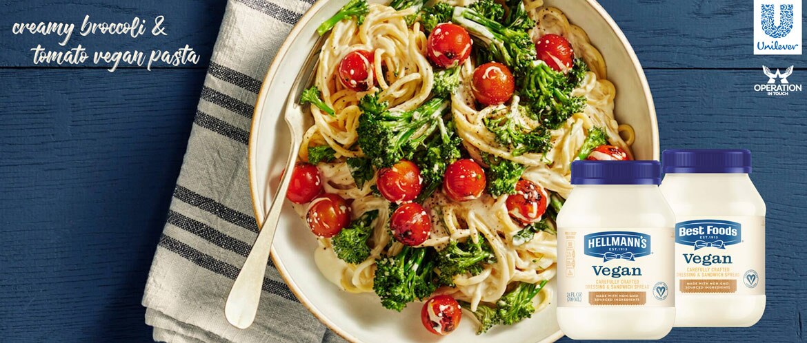 HBF Vegan creamy broccoli tomato vegan pasta carousel